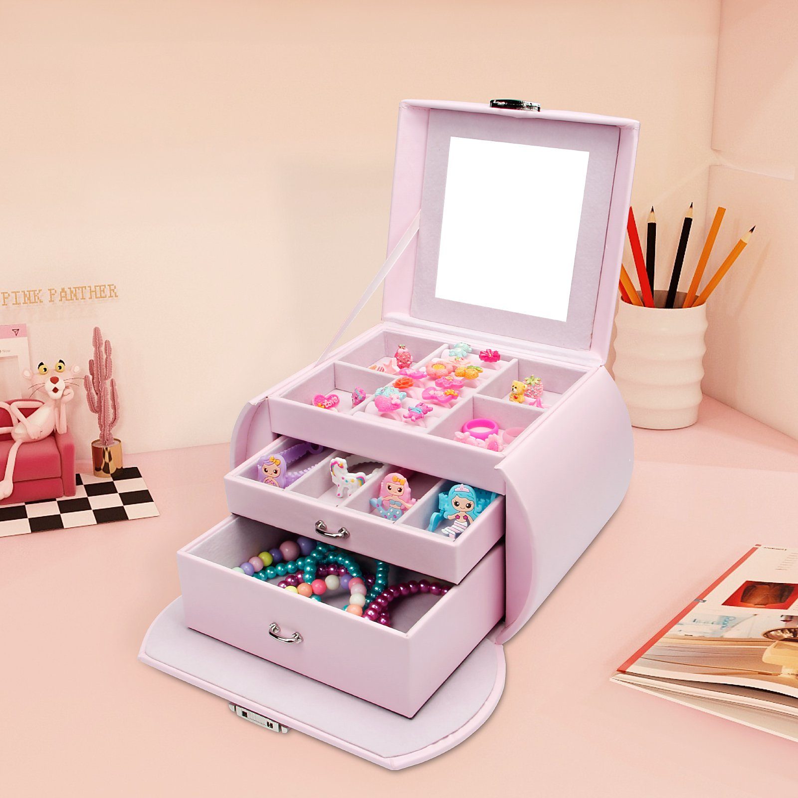Yorbay Schmuckkasten Schmuckkoffer komplett abschließbar Schmuckkasten Pink (Mit 3 Ebenen, Mit Spiegel), Schmuckkästchen für Halsketten, Ringe, Armbänder, Ohrringe, Brille