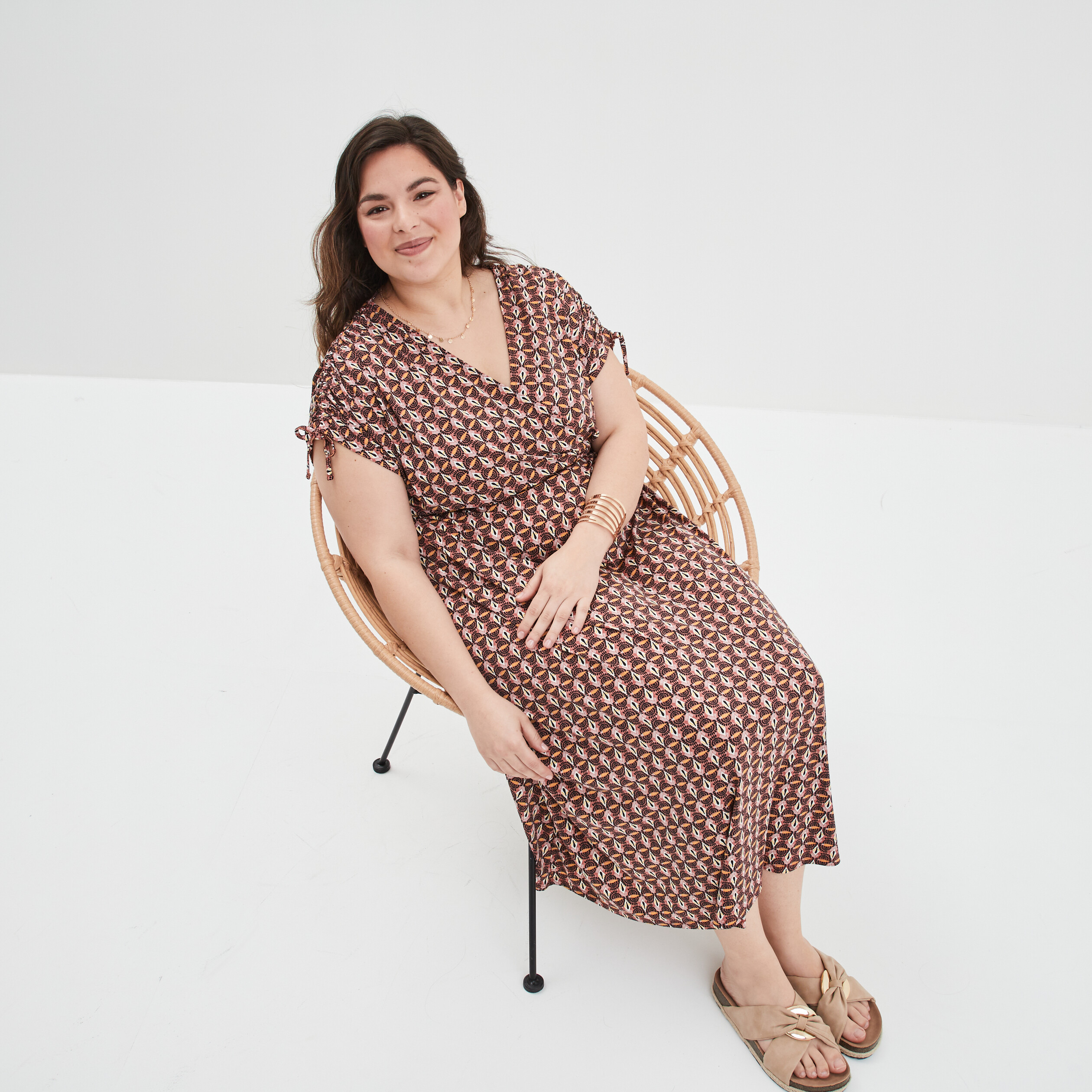 Robe longue smockée col cache-coeur vieux rose femme grande taille | La Halle