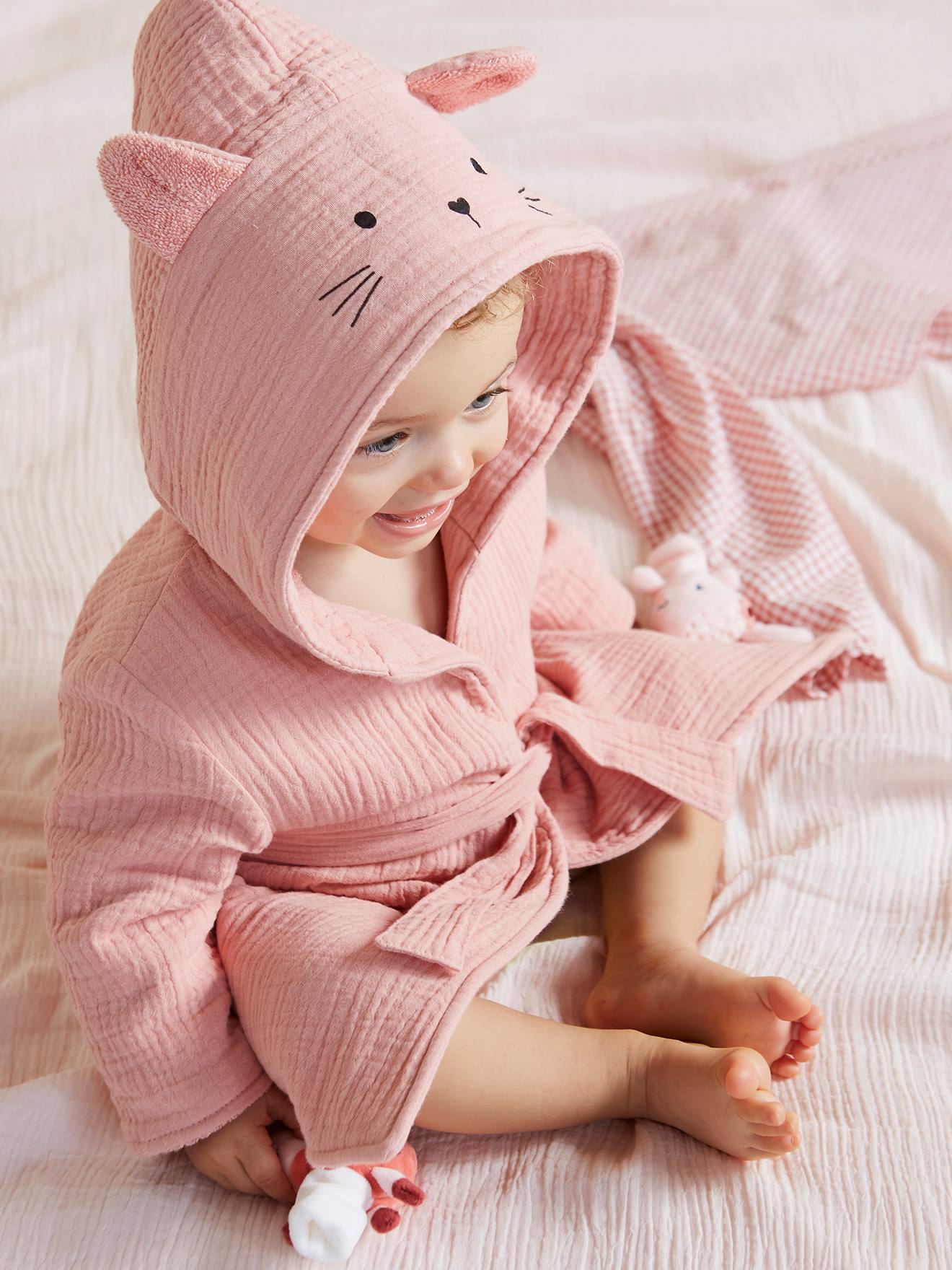 Peignoir bébé animal en gaze de coton bio* personnalisable ocre