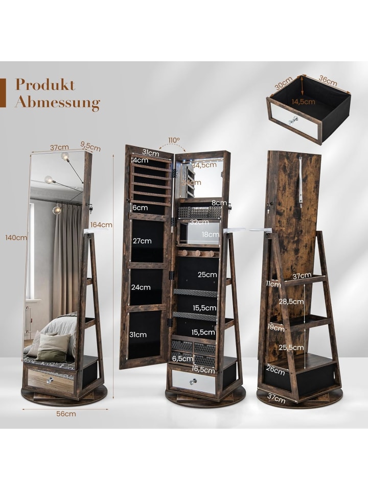 COSTWAY Schmuckschrank drehbar mit LED in Taupe günstig kaufen onesize