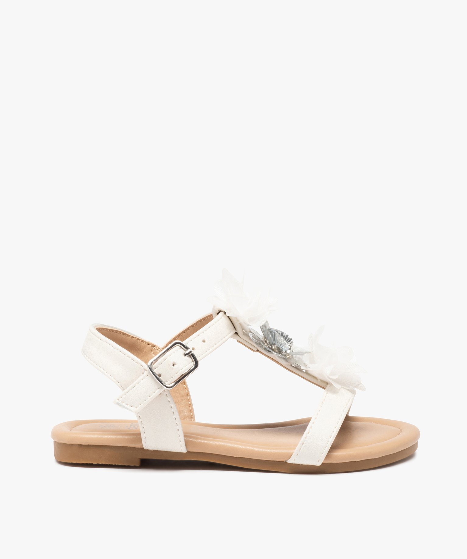 Sandales fille unies à fines brides et fleurs en tulle blanc | GEMO
