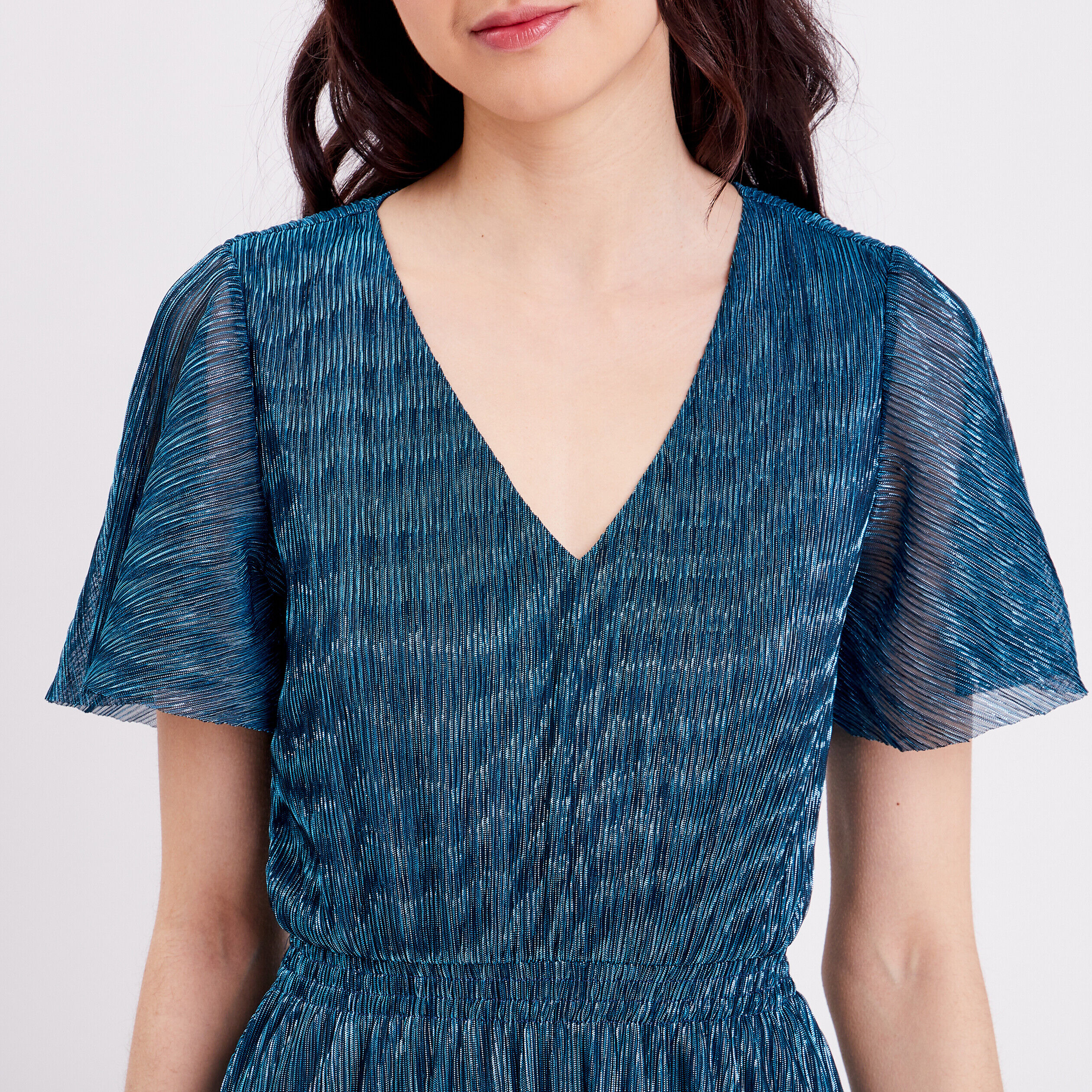 Robe longue évasée plissée bleu canard femme | Cache Cache