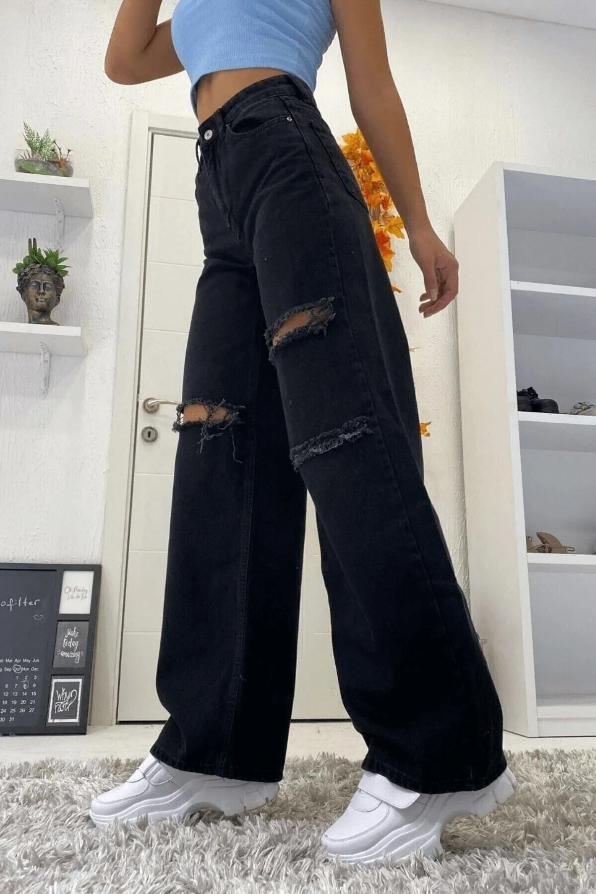 LİMABEL  Extra hohe farbechte schwarze zerrissene Palazzo-Jeans Schwarze zerrissene Lycra-String-Jeans