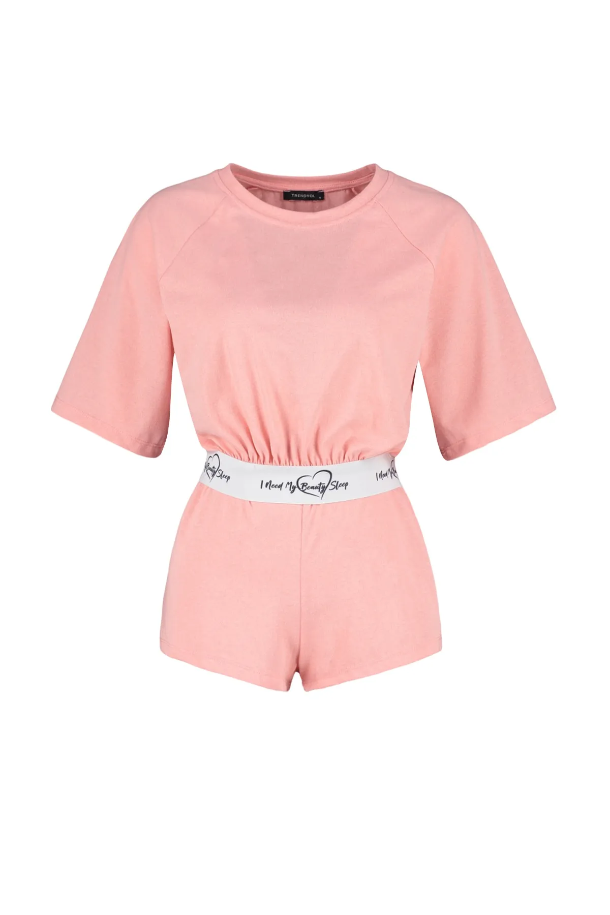 Trendyol Collection  Hellrosa, elastisches, detailliertes Strick-Pyjama-Set mit T-Shirt und Shorts aus Baumwolle THMSS23PT00154