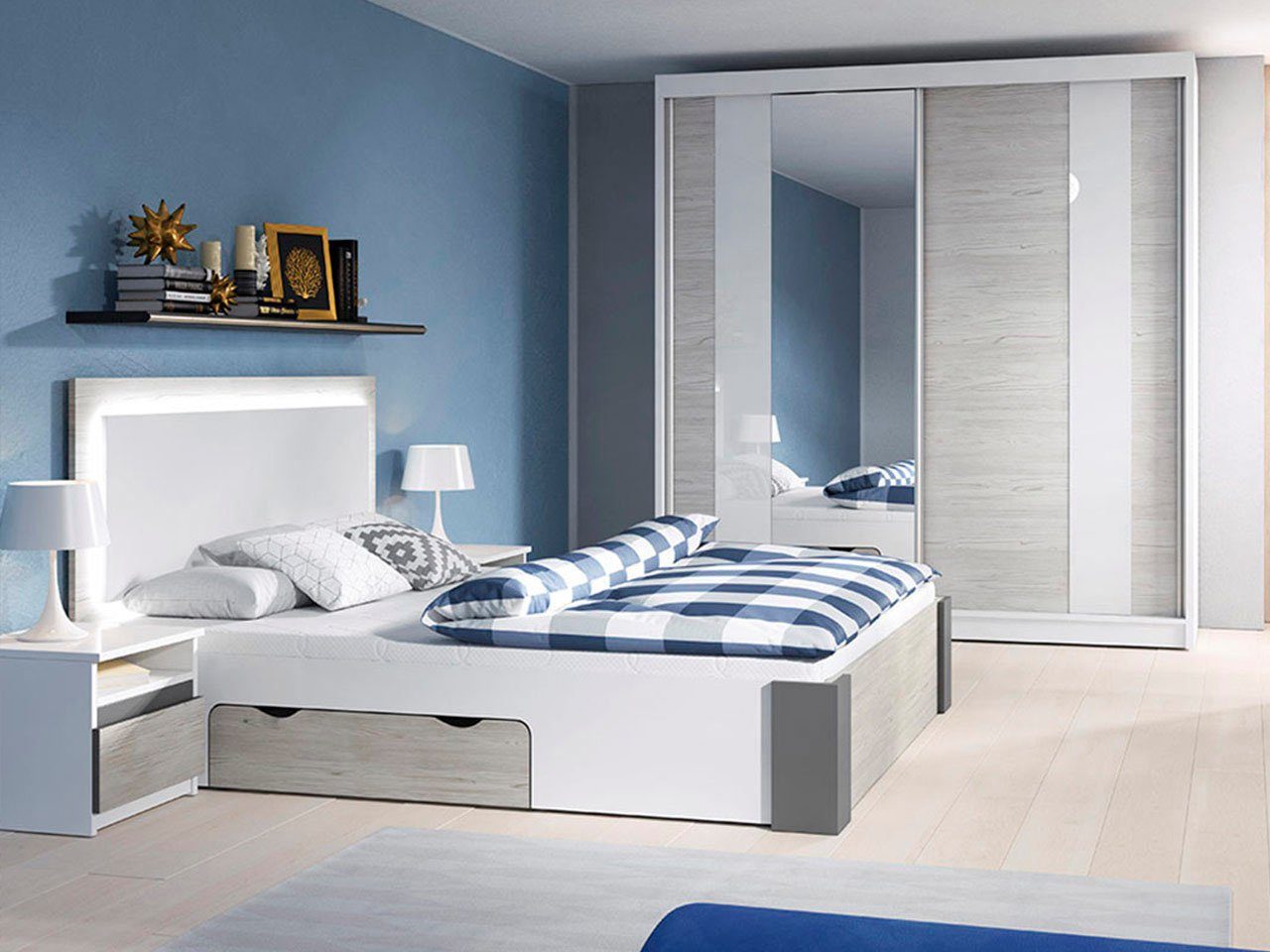 Polini kids Schlafzimmer-Set Polini Porto, (Set, 5-St., bestehend aus Bettgestell, Schiebetürenschrank, Kommode, Nachtkommoden), inklusive Bettkasten