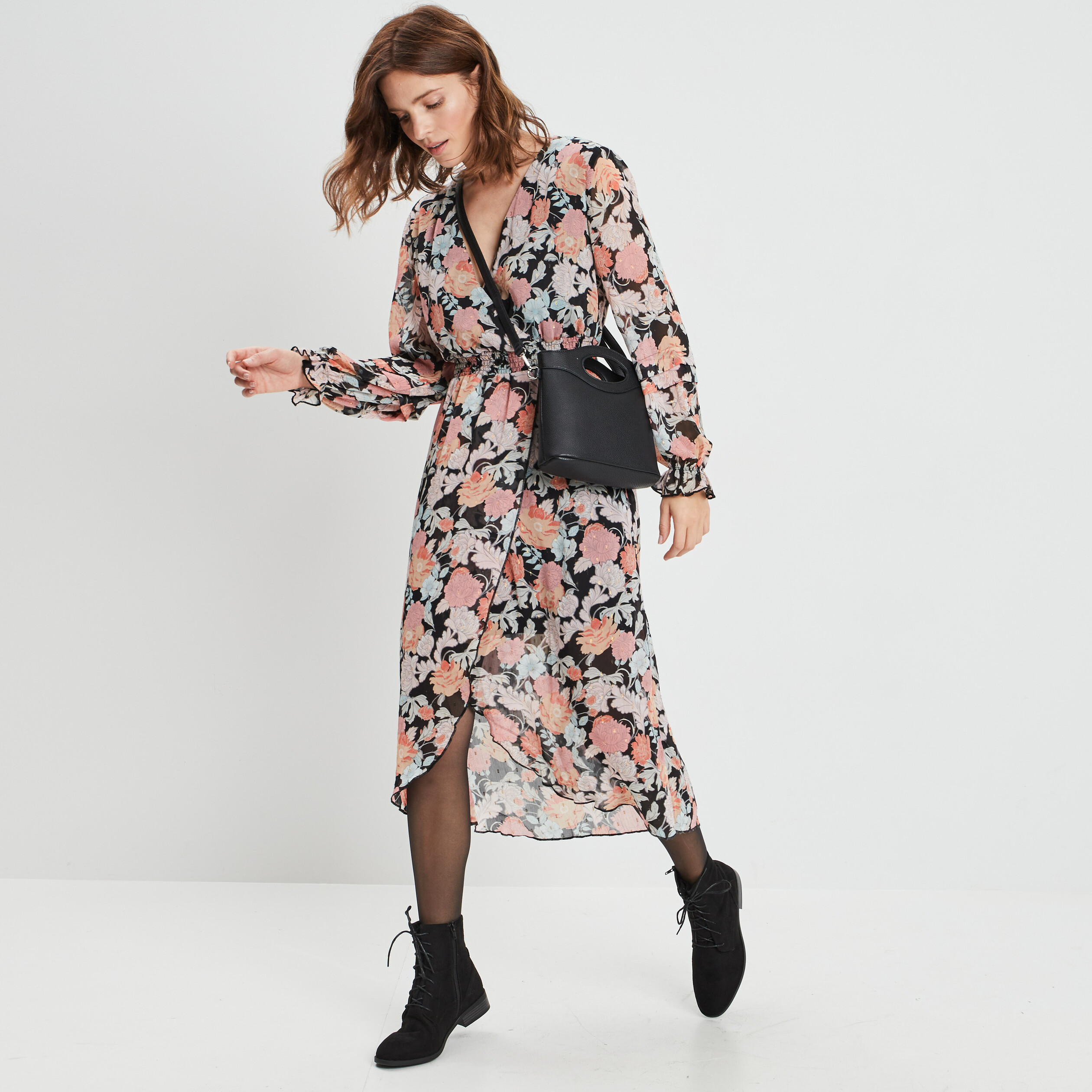 Robe longue fluide col cache-coeur noir femme | La Halle