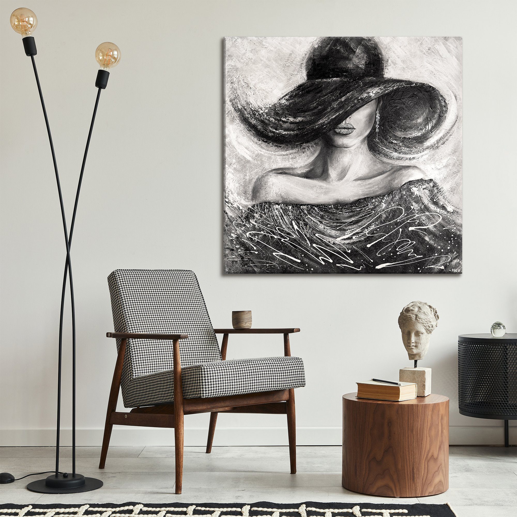 YS-Art Gemälde Charme, Menschen, Leinwand Bild Handgemalt Quadratisch Frau mit Hut schwarz