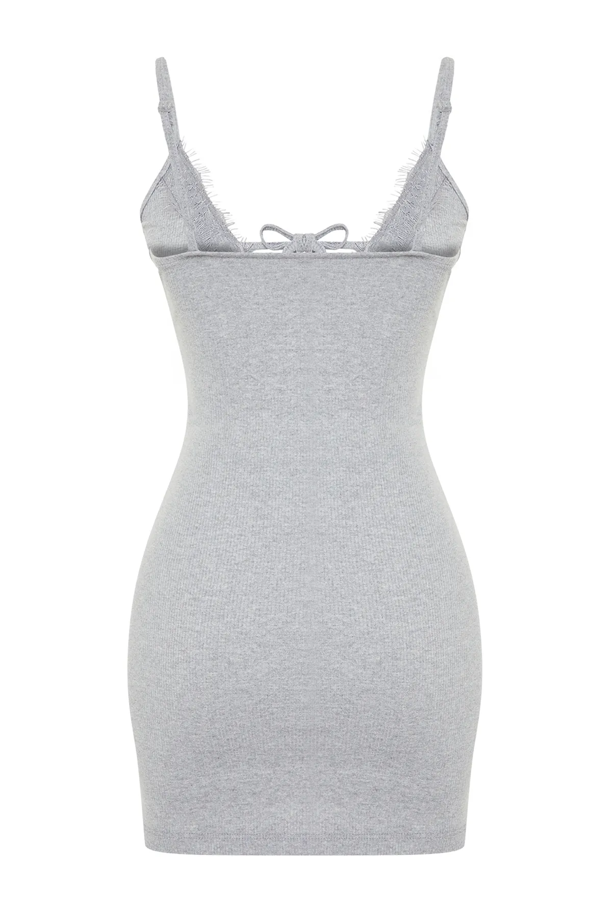 Trendyol Collection  Grau meliertes Nachthemd aus geripptem Strick mit Spitze und Bindedetail aus Baumwolle mit Riemen THMSS23GC00014
