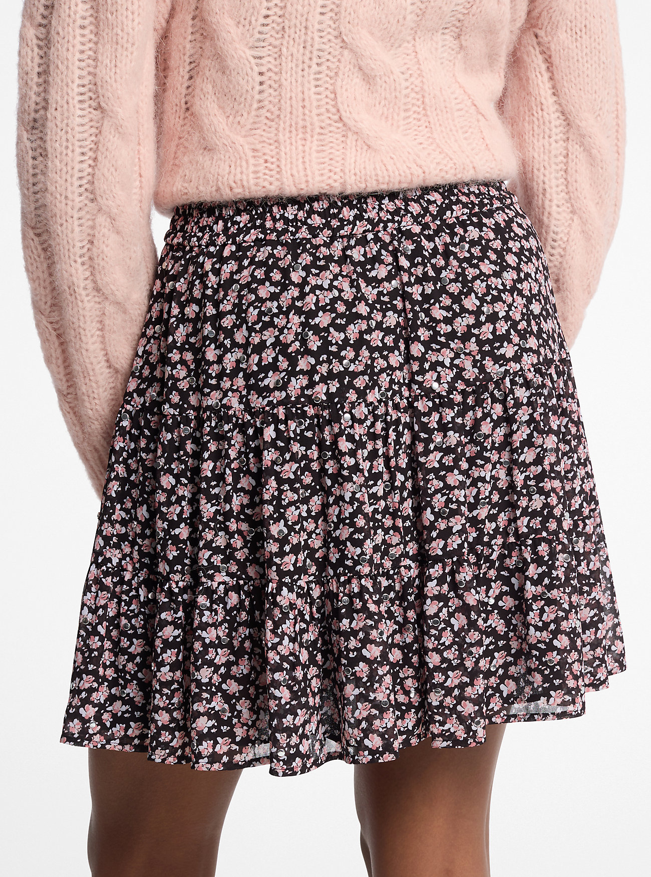 Naglemønstret Georgette-skjørt med blomstertrykk - DUSTY ROSE