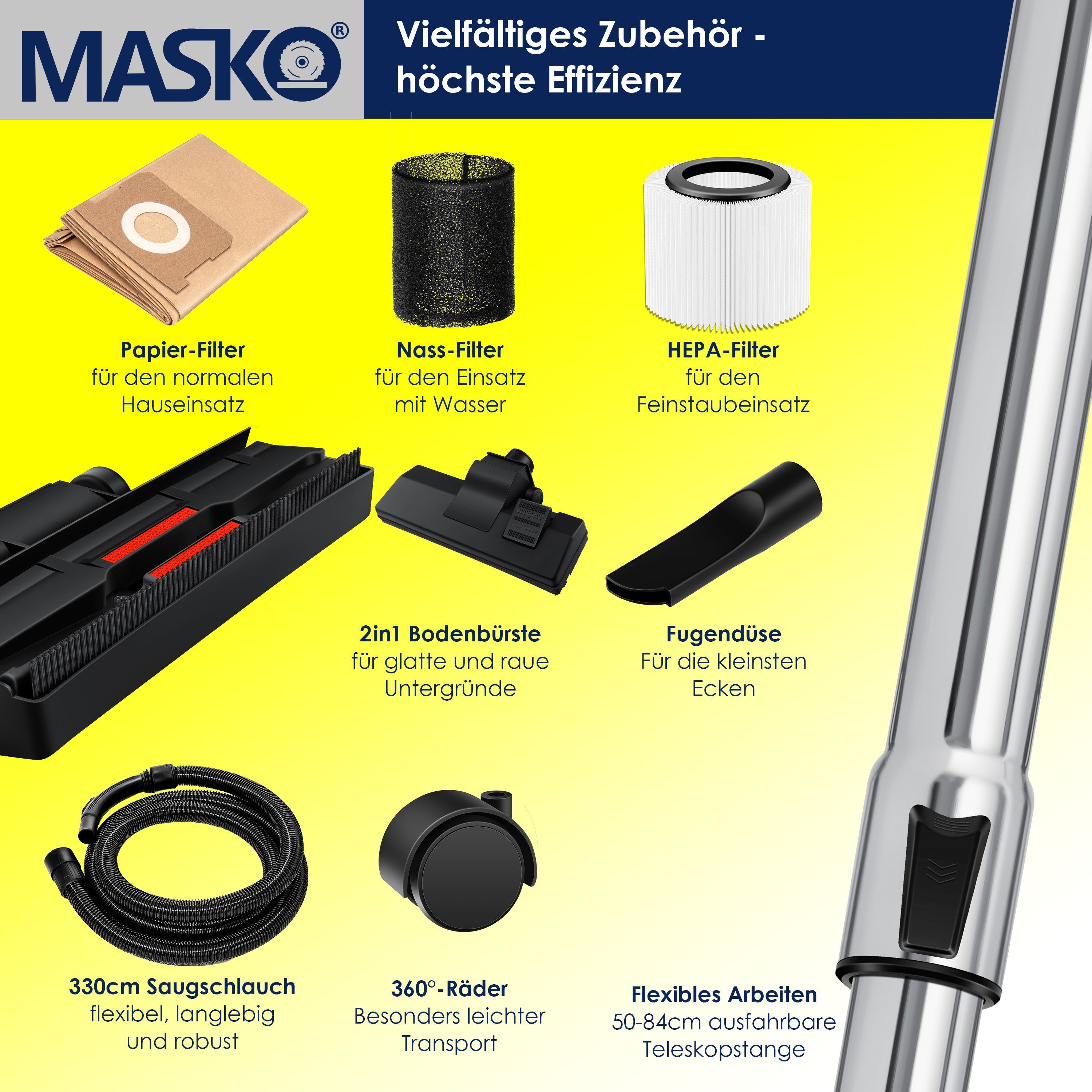 MASKO Industriesauger, 1800 W, Industriestaubsauger Staubsauger Nass Trocken Sauger Edelstahl