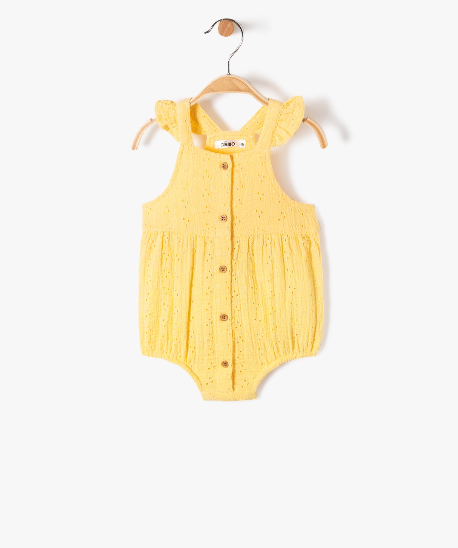 Combishort bébé à bretelles forme barboteuse en dentelle ... jaune | GEMO