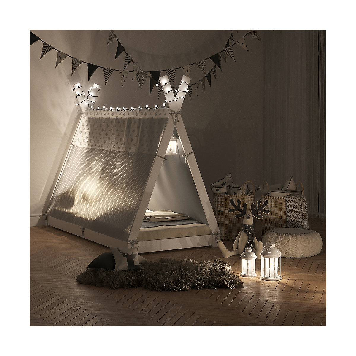 Kinderbett Hausbett Tipi + Überwurf 90x200cm Indianerzelt Indianerbett