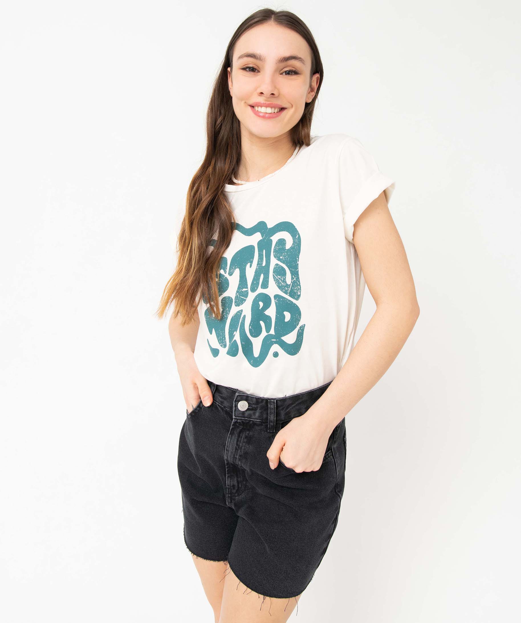 Tee-shirt femme imprimé à manches courtes ecru | GEMO