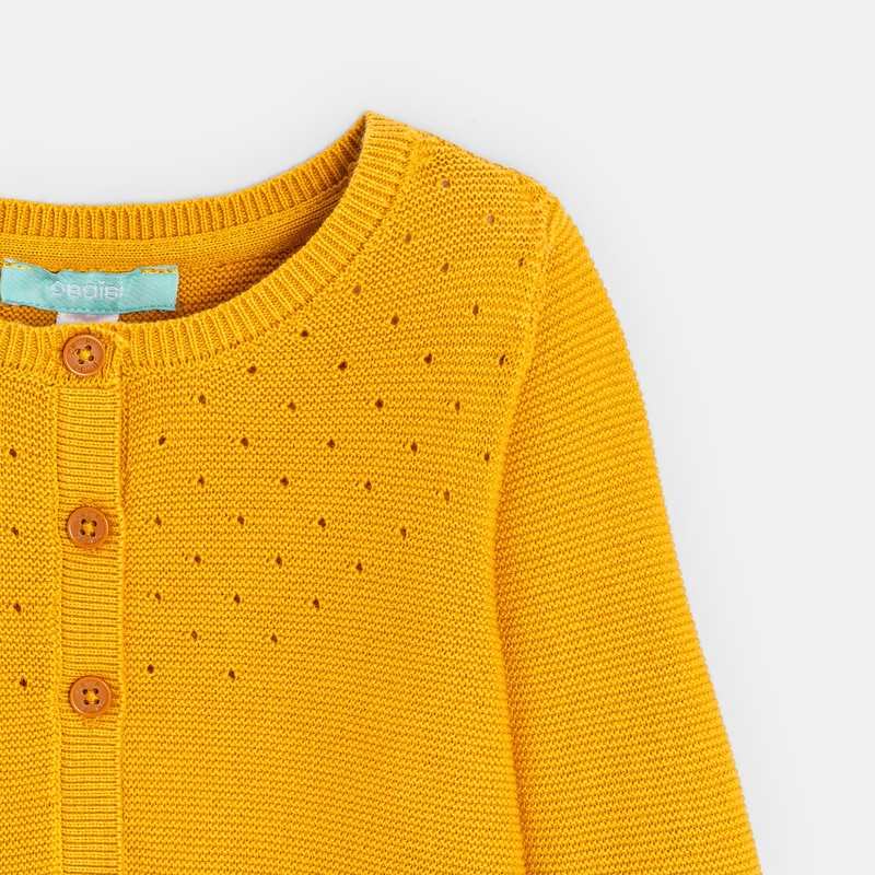Gilet maille tricot effet pointelle jaune bébé fille
