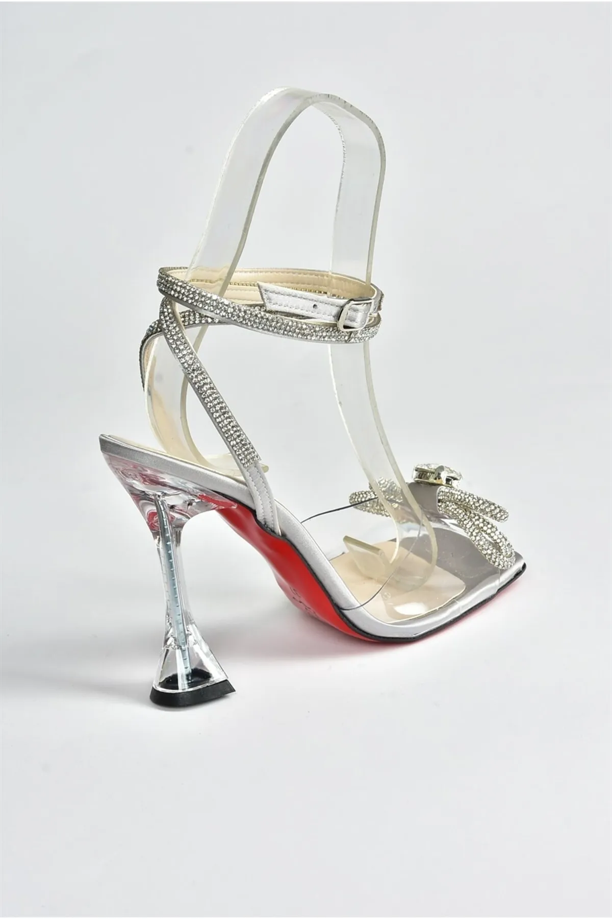 Fox Shoes  Damen-Abendschuhe aus transparentem, gebändertem Stein in silbernem Stoff M654251504