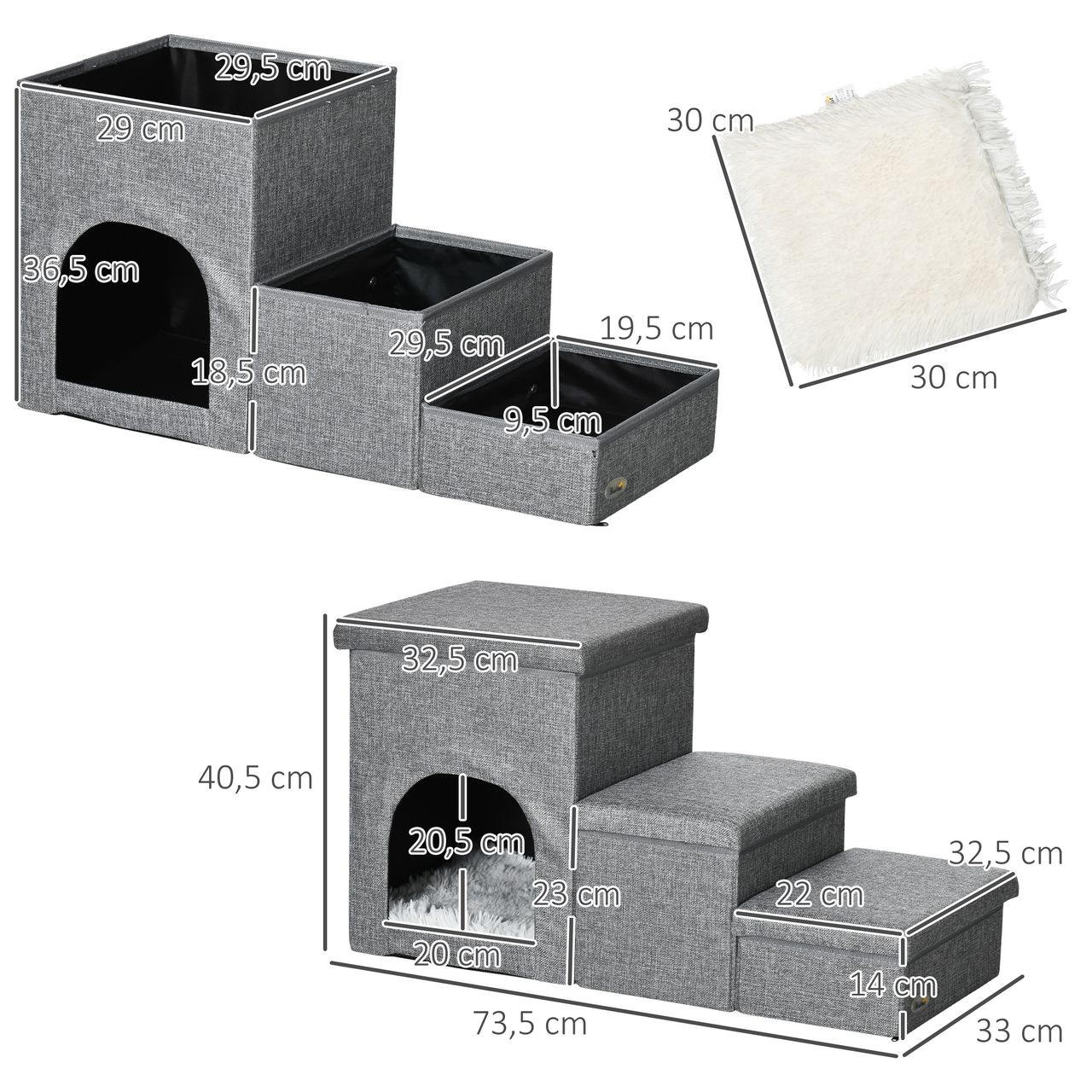 PawHut Hundetreppe, 3 Stufige Katzentreppe mit Höhle, 3-in-1 Tiertreppe Hellgrau