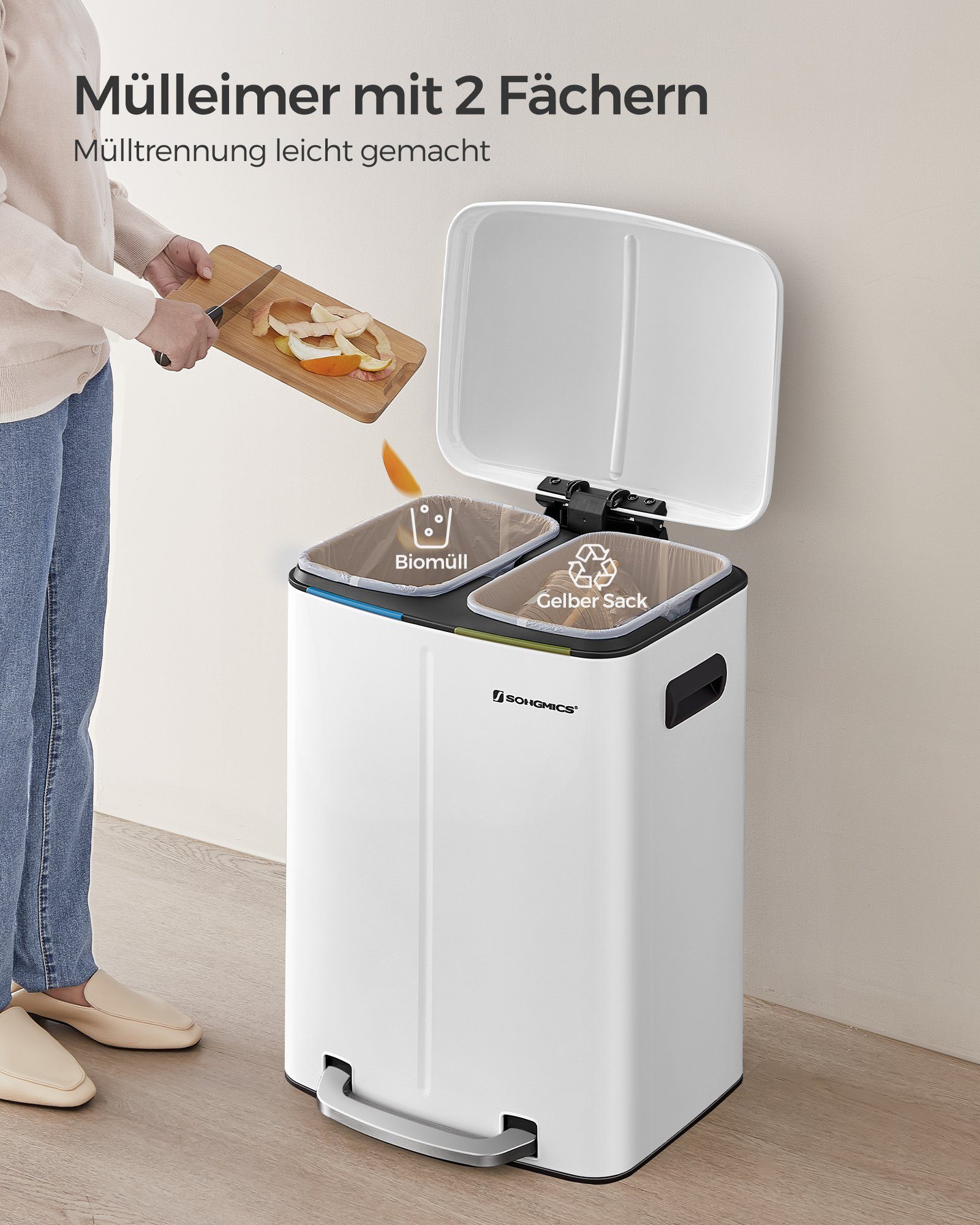 SONGMICS Mülleimer Abfalleimer, 2 x 20 L, Treteimer aus Metall