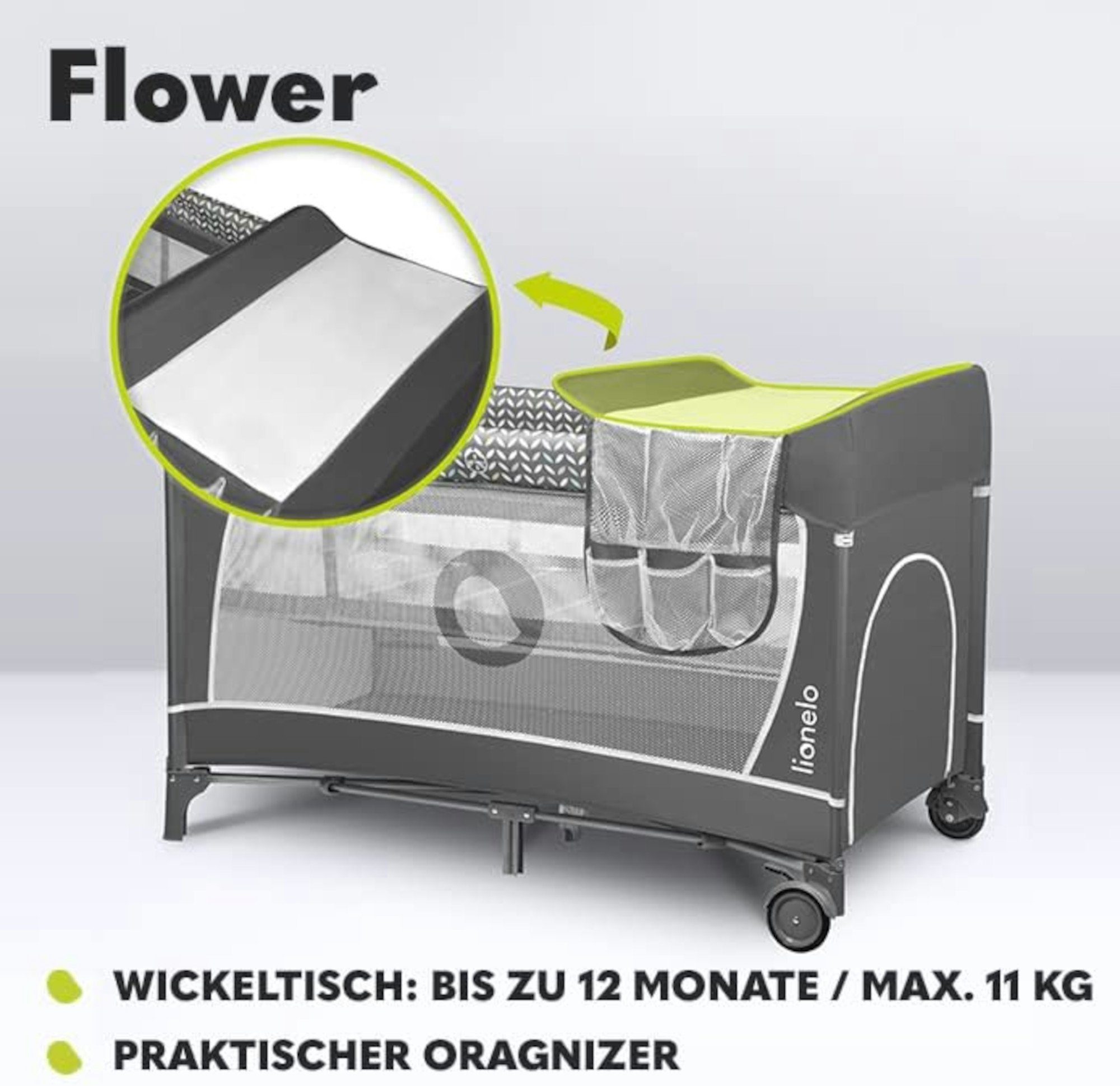 lionelo Baby-Reisebett FLOWER, 4in1:Laufstall Baby, Wickeltisch, Zwei Matratzenaufhängungshöhen
