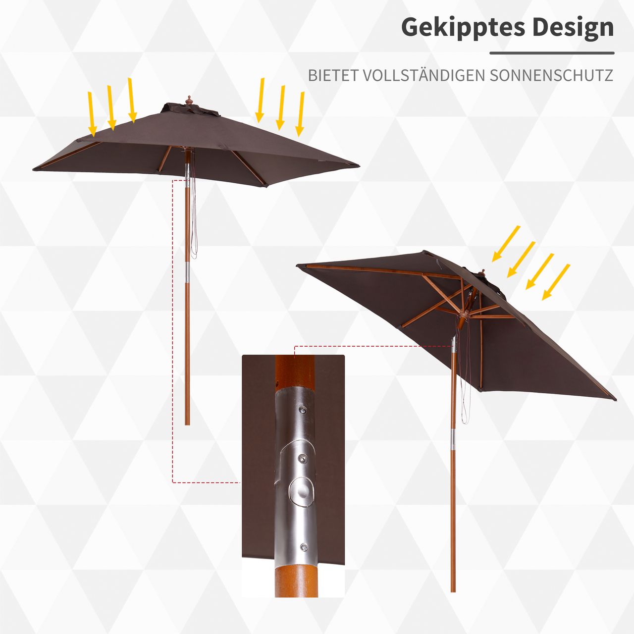 Outsunny Sonnenschirm Knickbarer Gartenschirm Strandschirm 3-stufig einstellbar Tannenholz Polyester Kaffee 200 x 150 x 230 cm