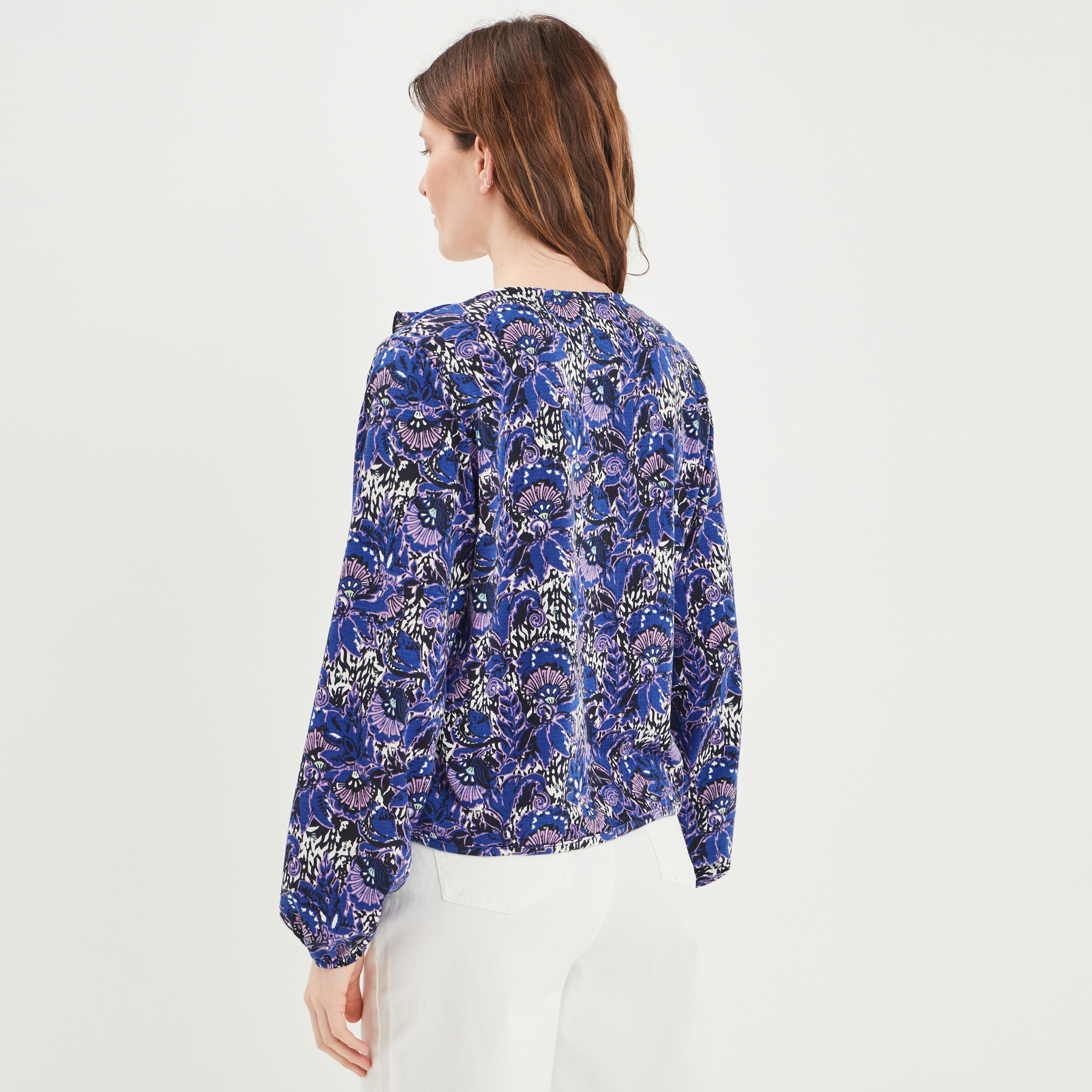T-shirt manches longues à volants bleu marine femme | La Halle