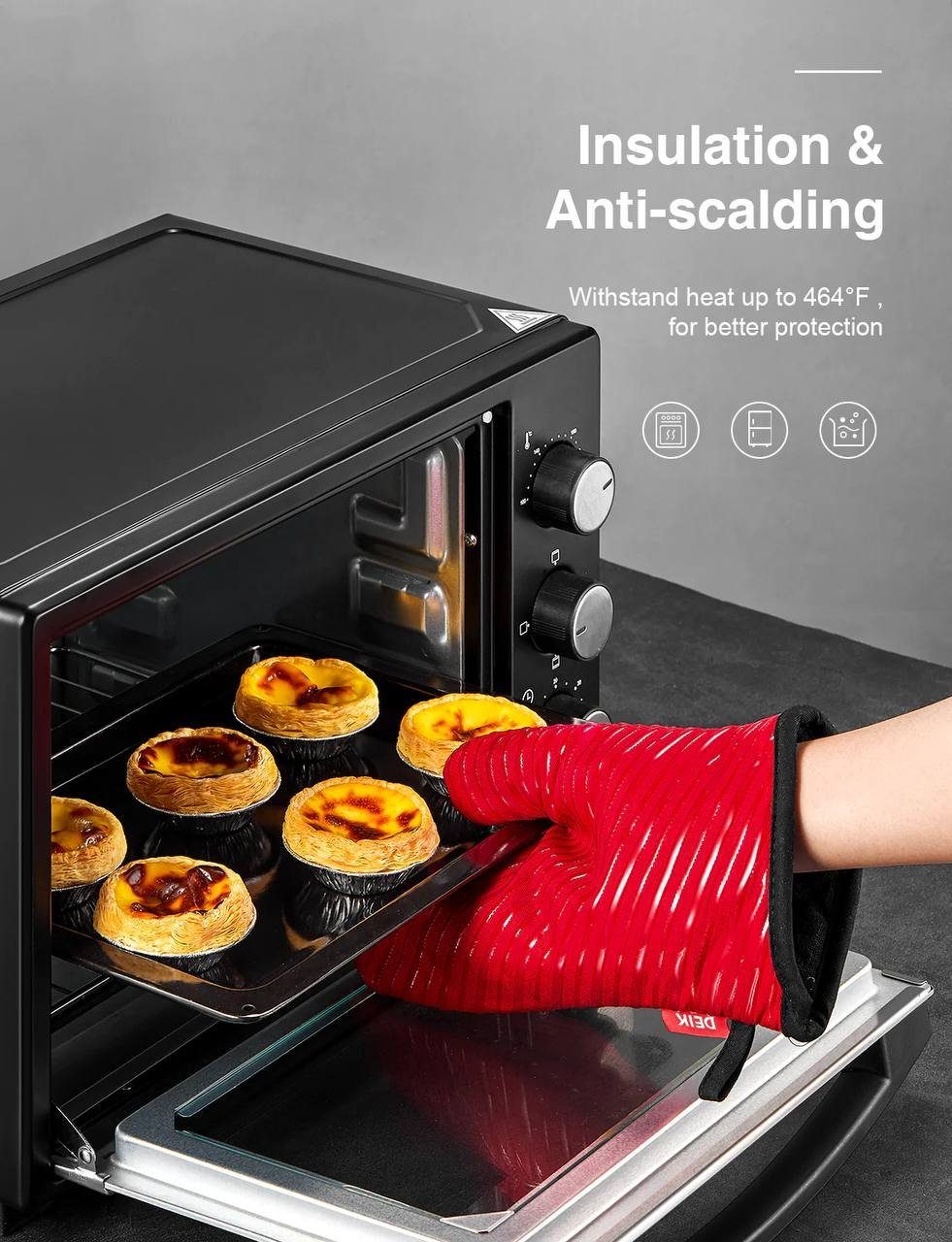 DEIK Topfhandschuhe, (4er Set, Rutschfestes Silikon mit hoher Hitzebeständigkeit, 18 x 18 cm), 2 Ofenhandschuhe & 2 Topflappen - Geeignet zum Kochen Backen Grillen