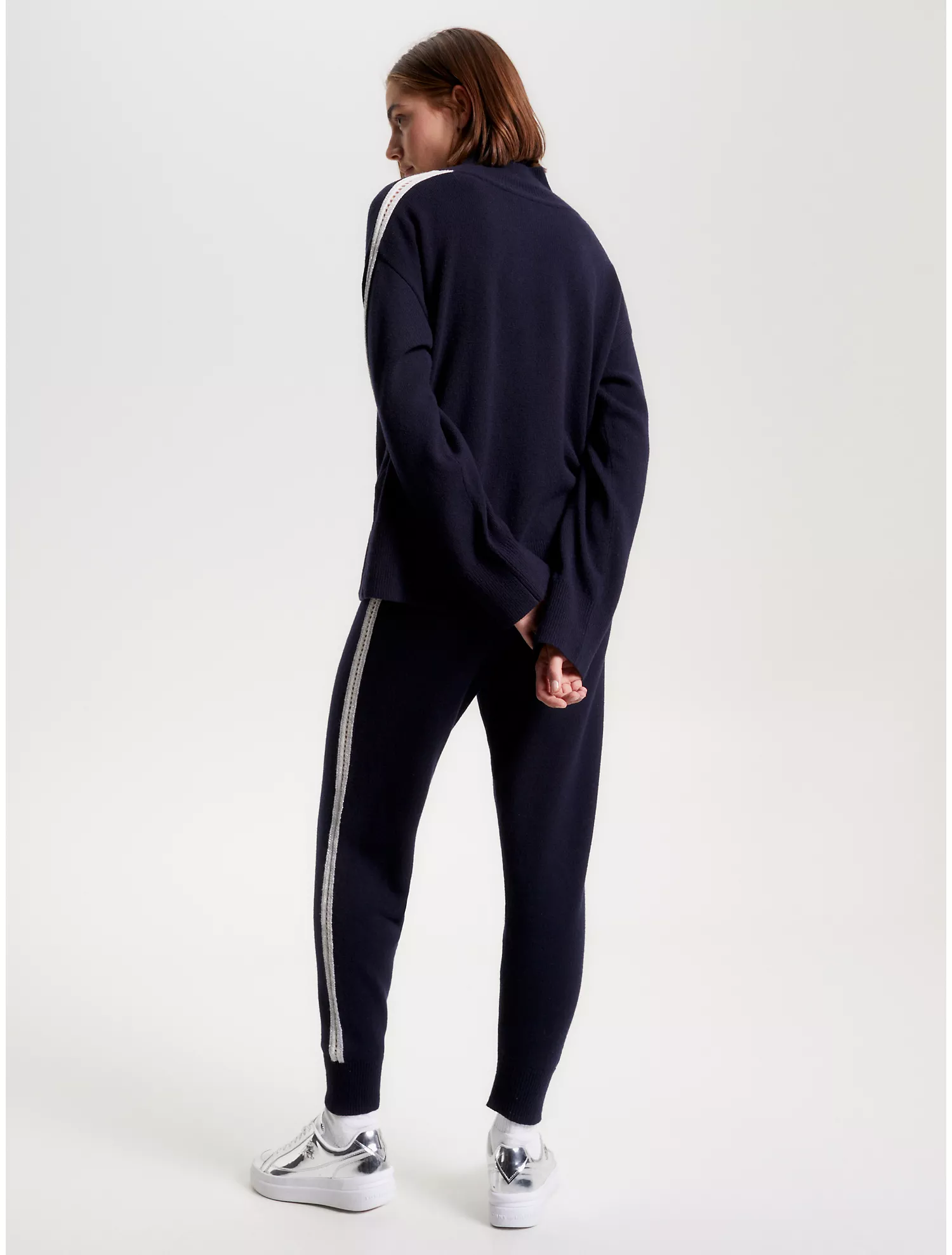 Pointelle Stripe Wool Mockneck Sweater