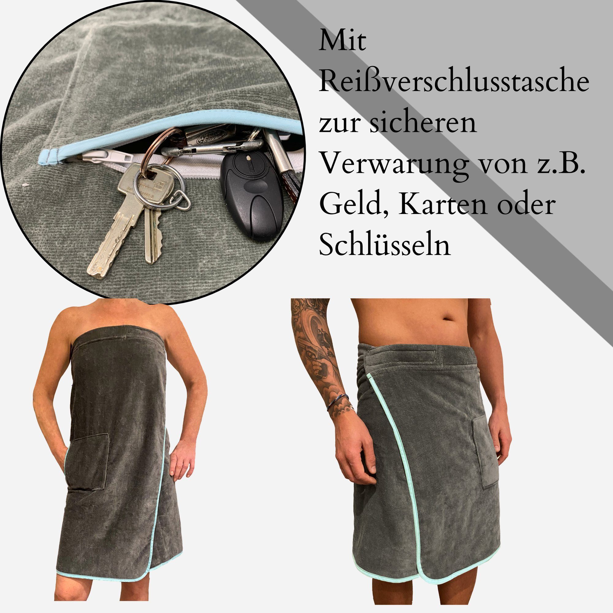 HOMELEVEL Saunatuch Saunakilt Damen - Klettverschluss - Tasche - 100% Baumwolle