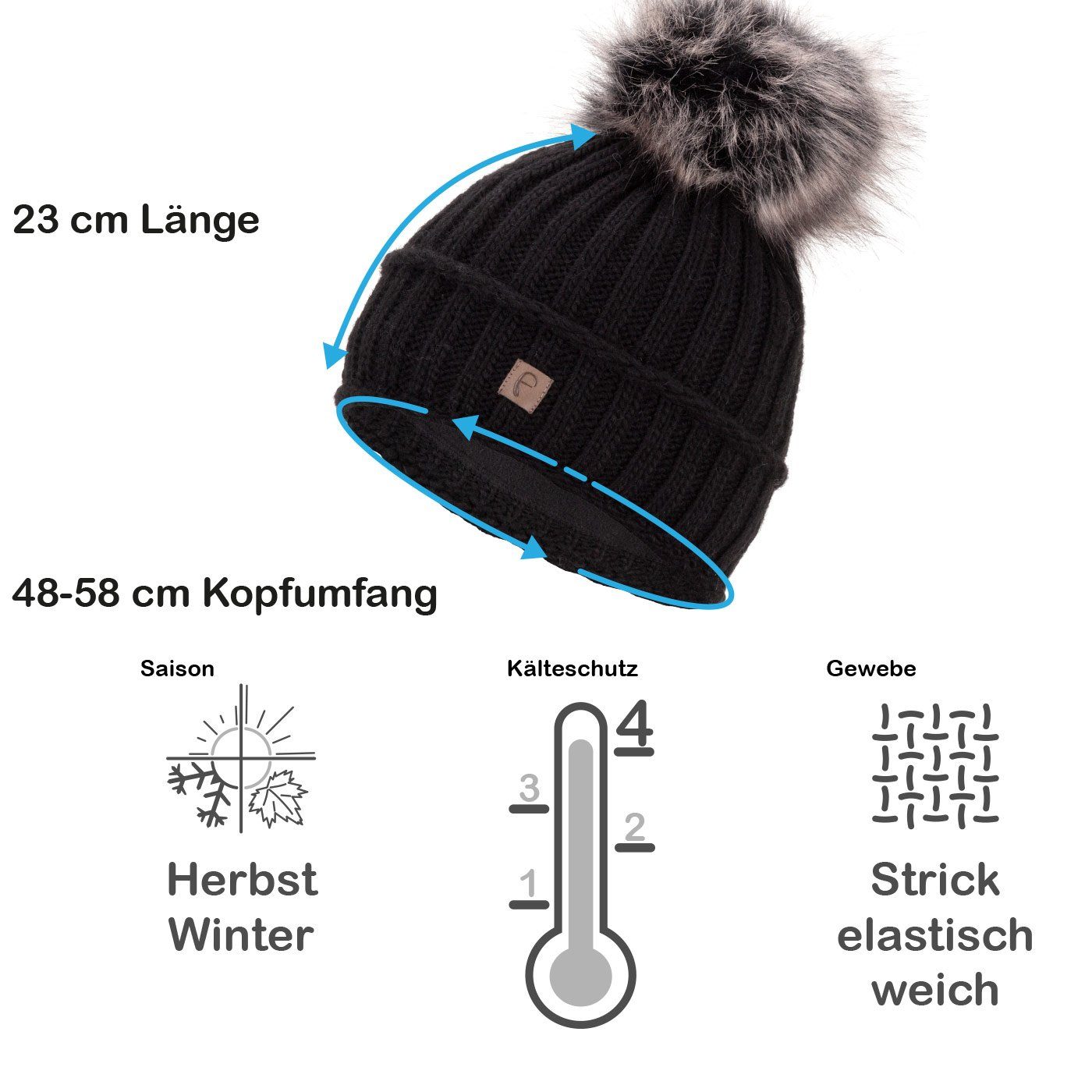 Faera Bommelmütze Gefütterte Wintermütze Damen Herren Mütze Beanie Haube Strickmütze