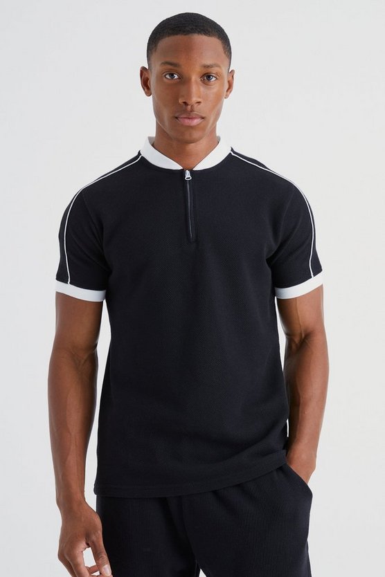 Poloshirt mit Popcorn-Textur, Bomber-Kragen und Paspeln