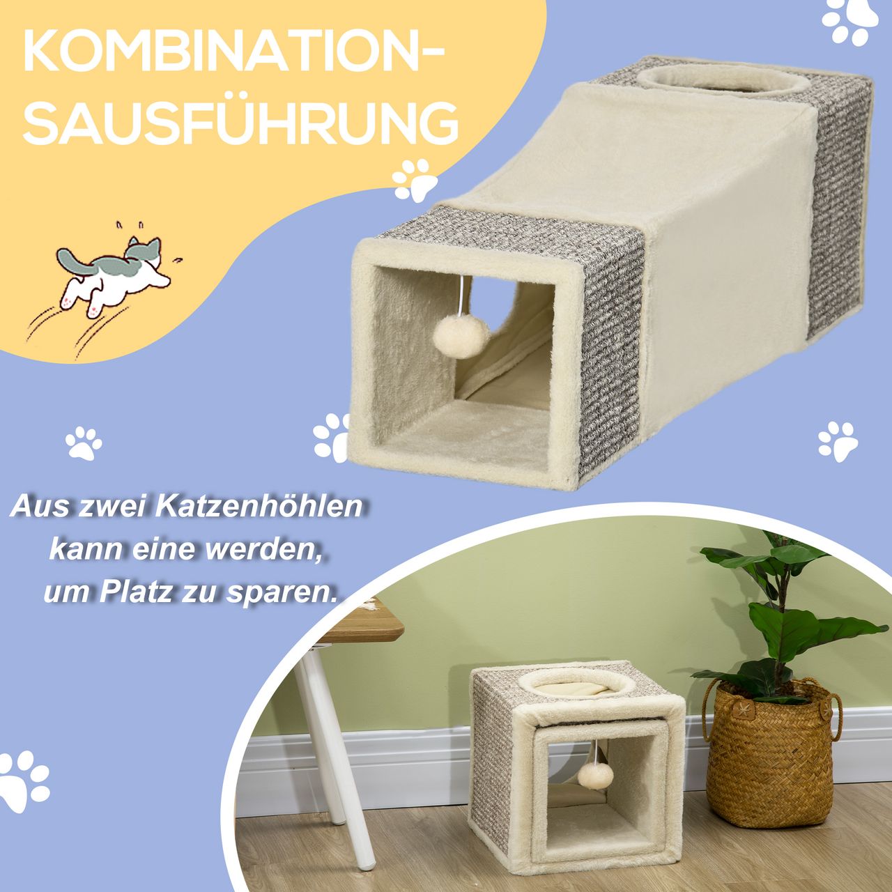 PawHut Katzentunnel, Katzenspielzeug mit Spielball, Spieltunnel, Katzenhöhle