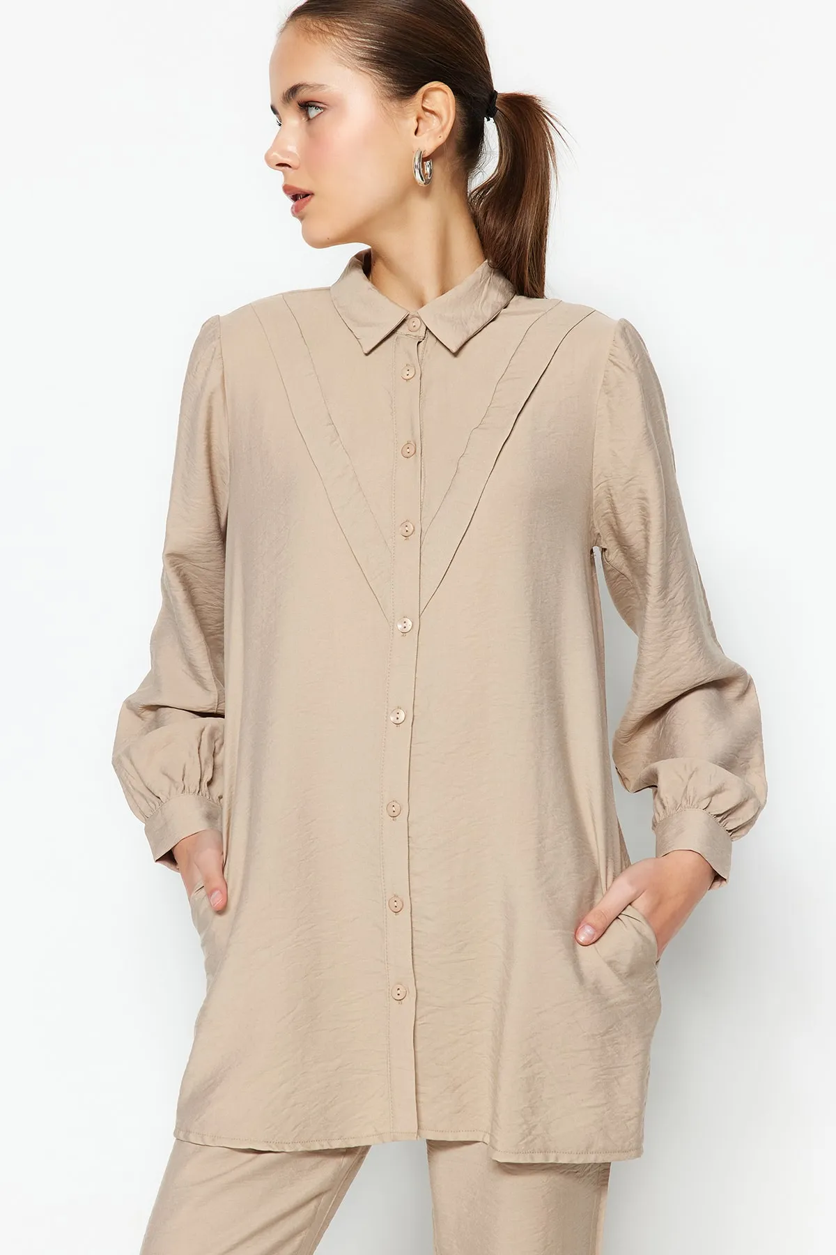 Trendyol Modest  Kamelfarbenes Leinen-Look-Hemd-Hosen-Webset TCTSS23US00079