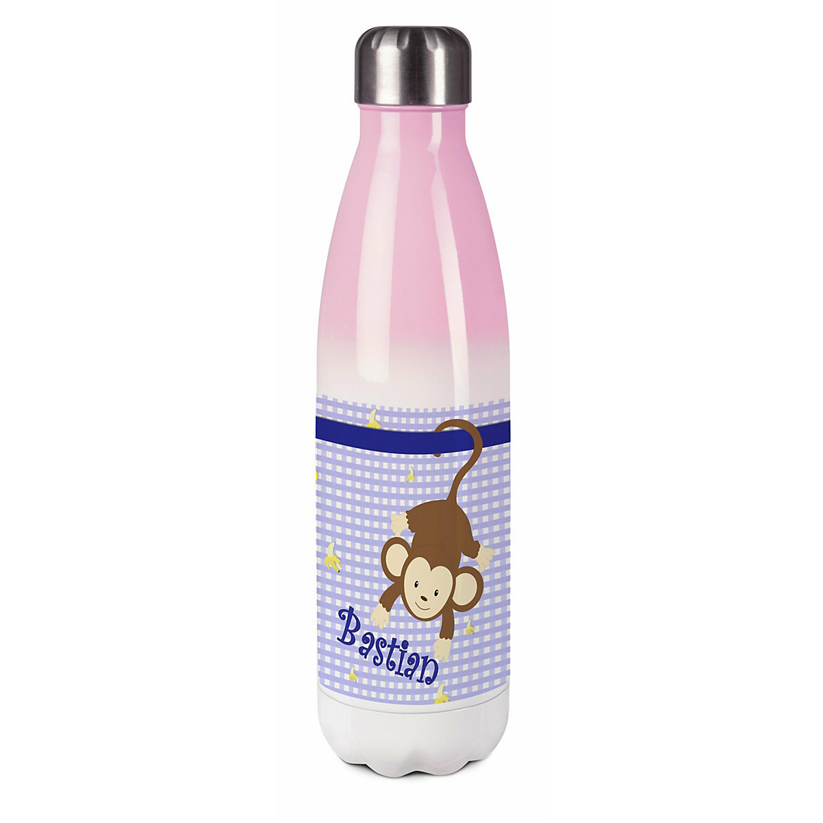 Edelstahl Kinder Thermoflasche / Trinkflasche bunt Affe hängend Farbe blau Spülmaschinenfest, Auslaufsicher, Bruchfest, Doppelwandig, Für Heißgetränke geeignet, Mit Deckel, Isoliert