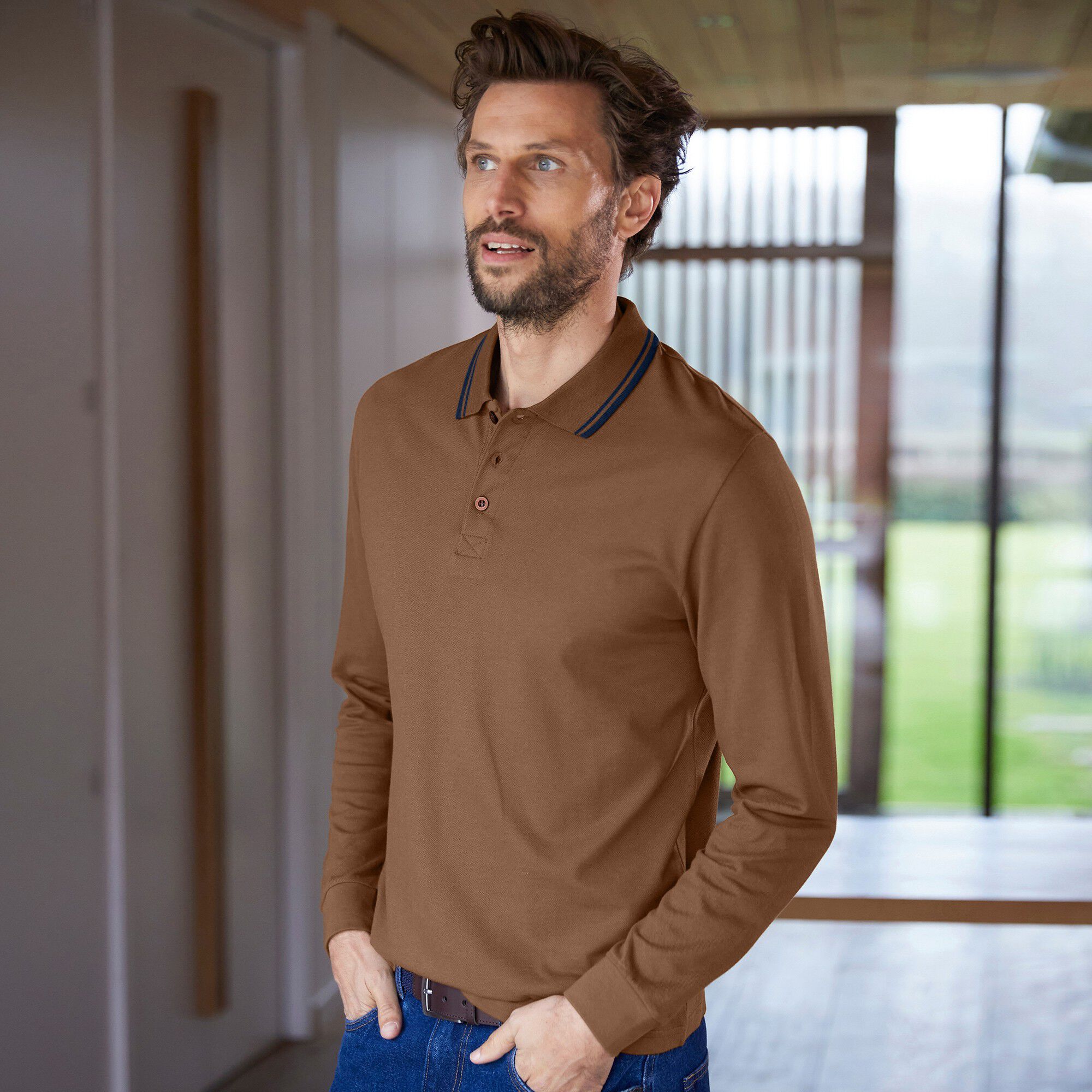 Polo uni maille piquée manches longues