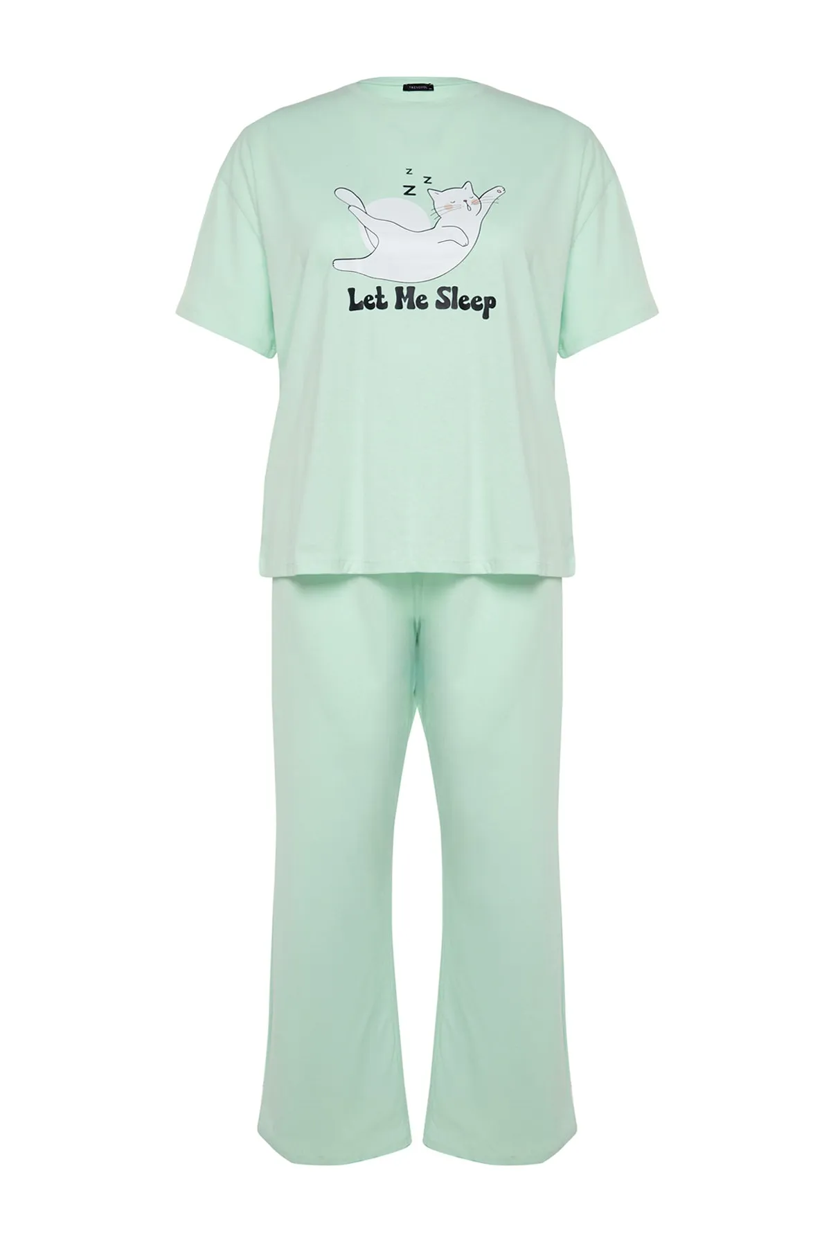 Trendyol Curve  Mintgrünes bedrucktes Pyjama-Set aus Strick TBBAW24AI00003