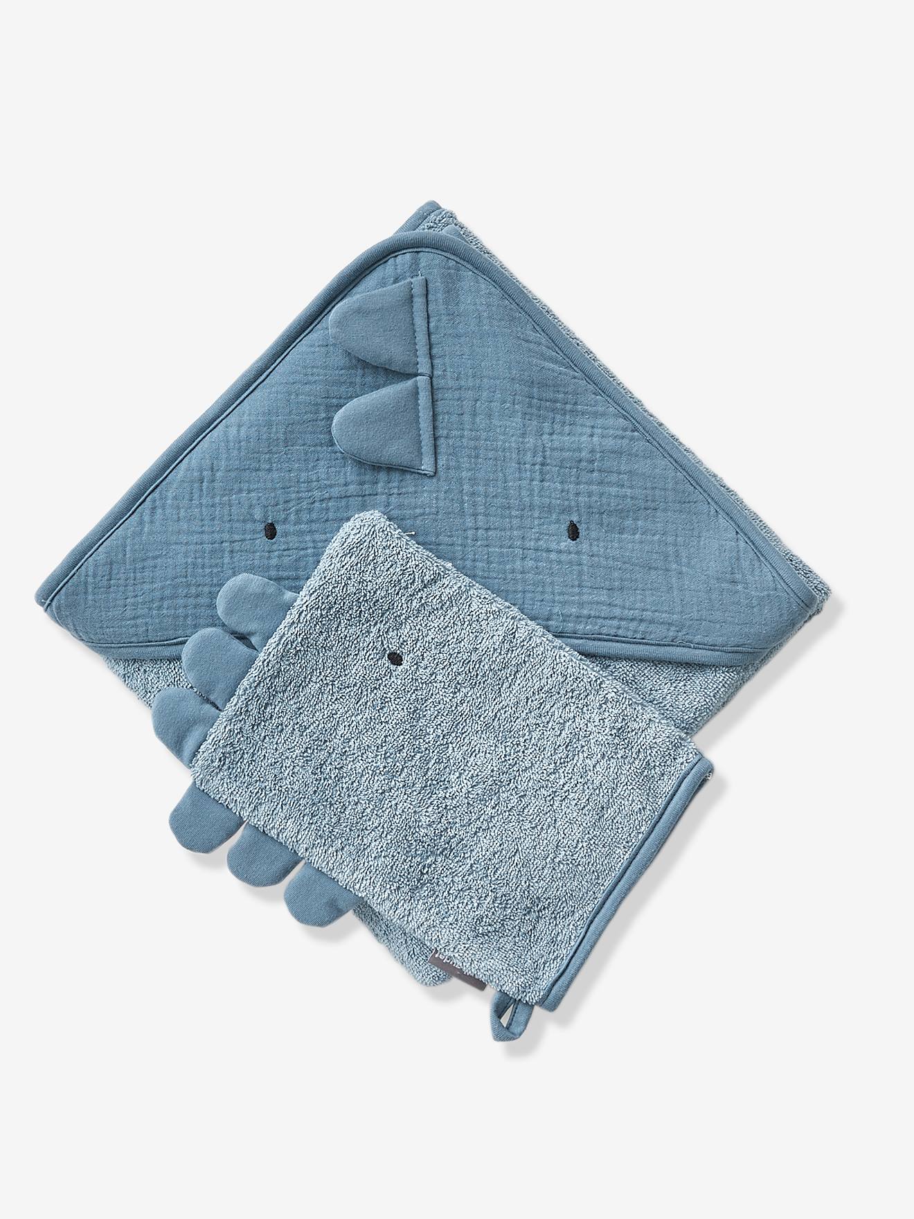 Vertbaudet Baby Kapuzenbadetuch & Waschhandschuh KLEINER DINO Oeko Tex - blau