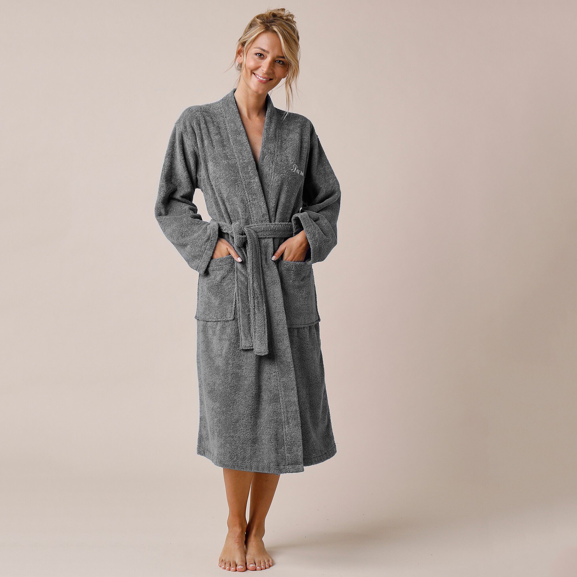 Peignoir mixte adulte uni coton éponge bouclette col kimono personnalisé