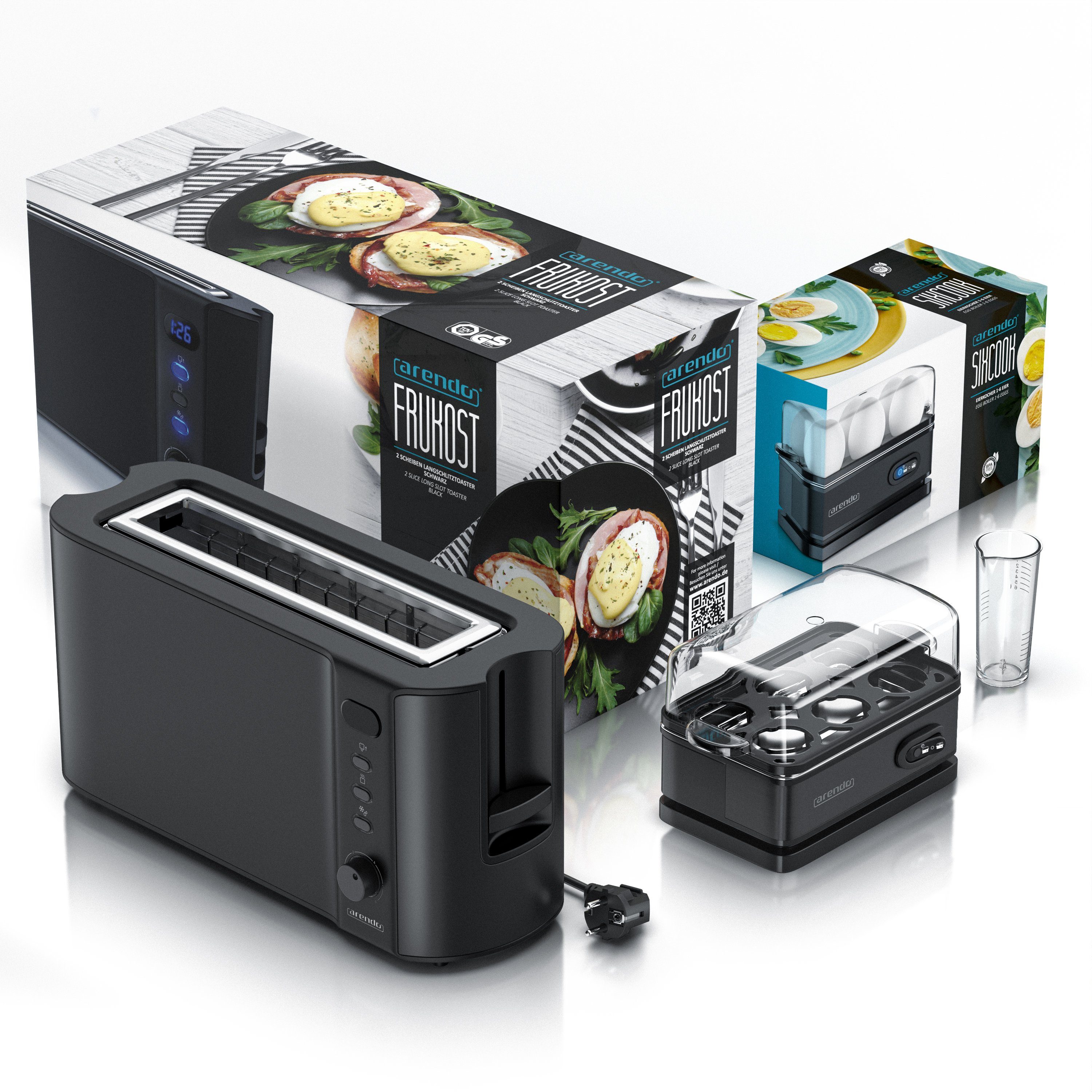 Arendo Frühstücks-Set (2-tlg), 2-Scheiben Langschlitz Toaster, 6er Eierkocher, Schwarz