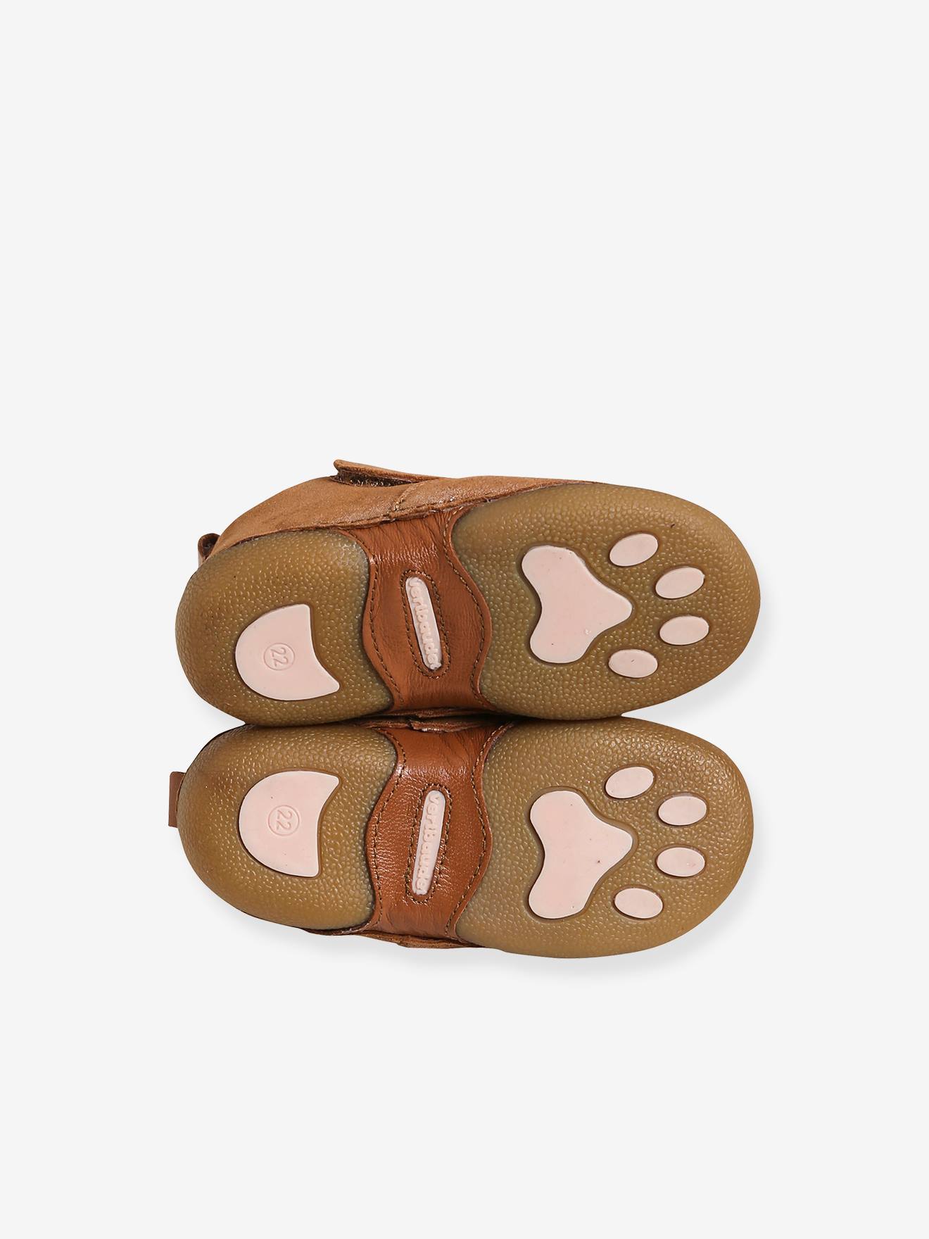 Chaussons fourrés bébé fille en cuir souple camel pailleté