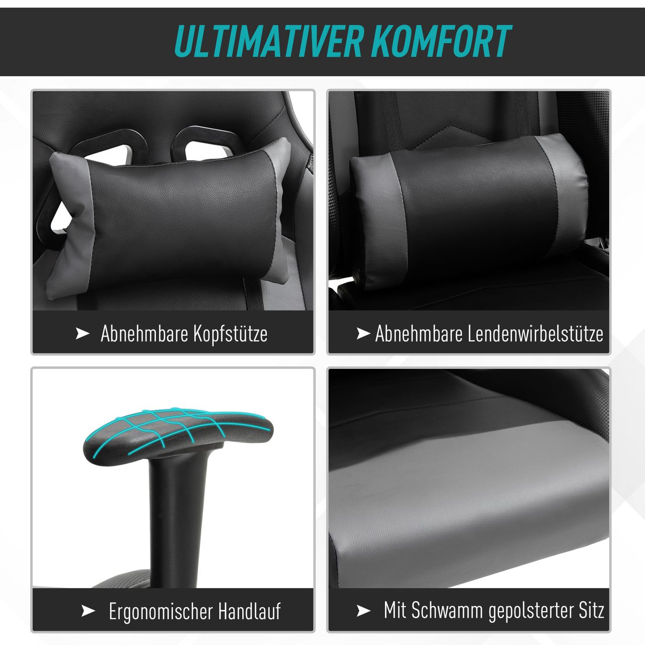 Vinsetto Ergonomischer Bürostuhl Gaming Stuhl Kunstleder Schaumstoff Schwarz