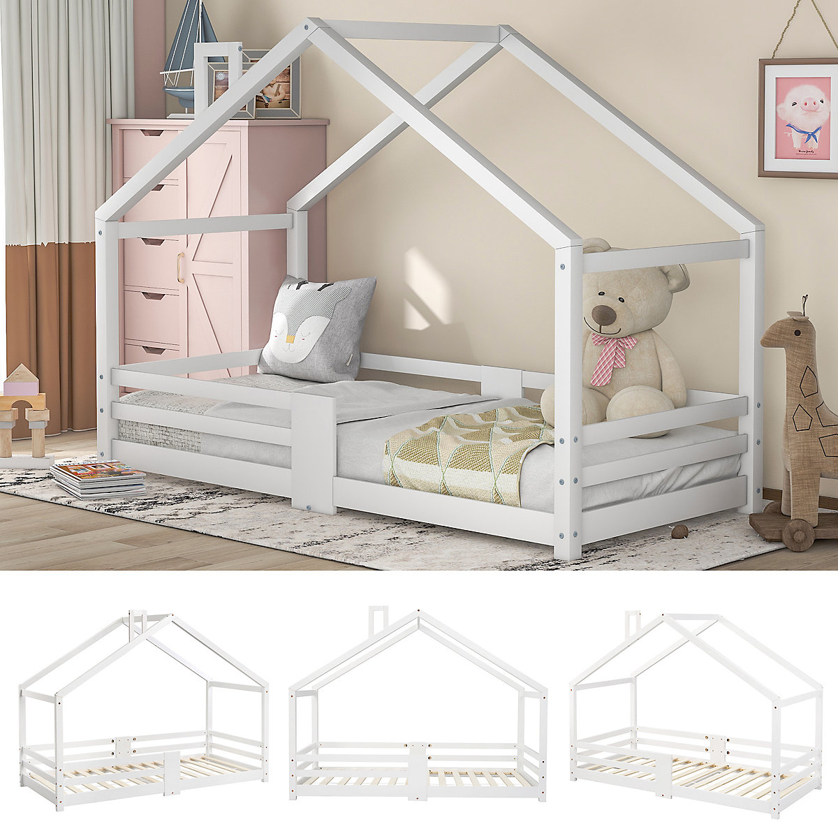 Hausbett 90x200 cm mit Rausfallschutz und Schornstein