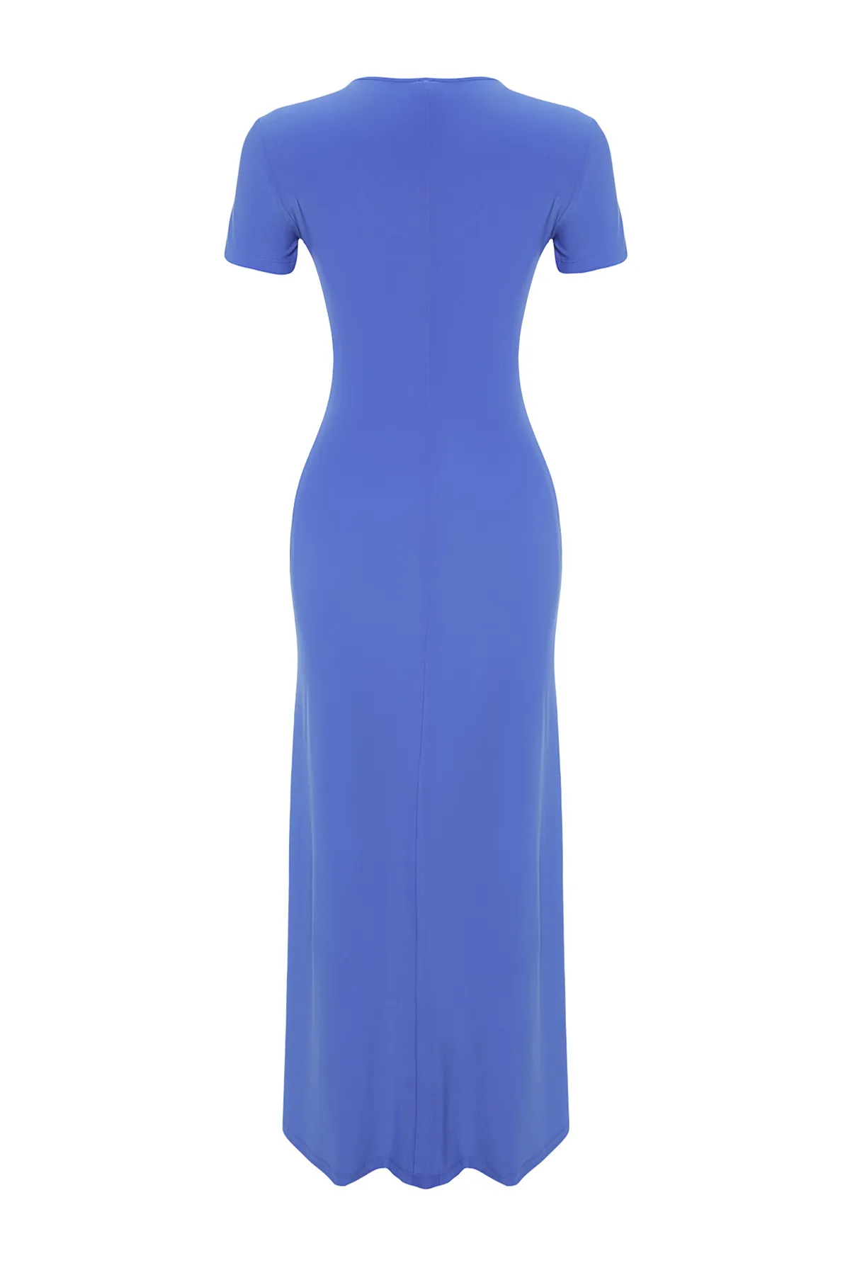 Trendyol Collection  Blaues kurzärmliges, figurbetontes Maxi-Bleistiftkleid mit Rundhalsausschnitt und flexiblem Strick TWOSS24EL00097