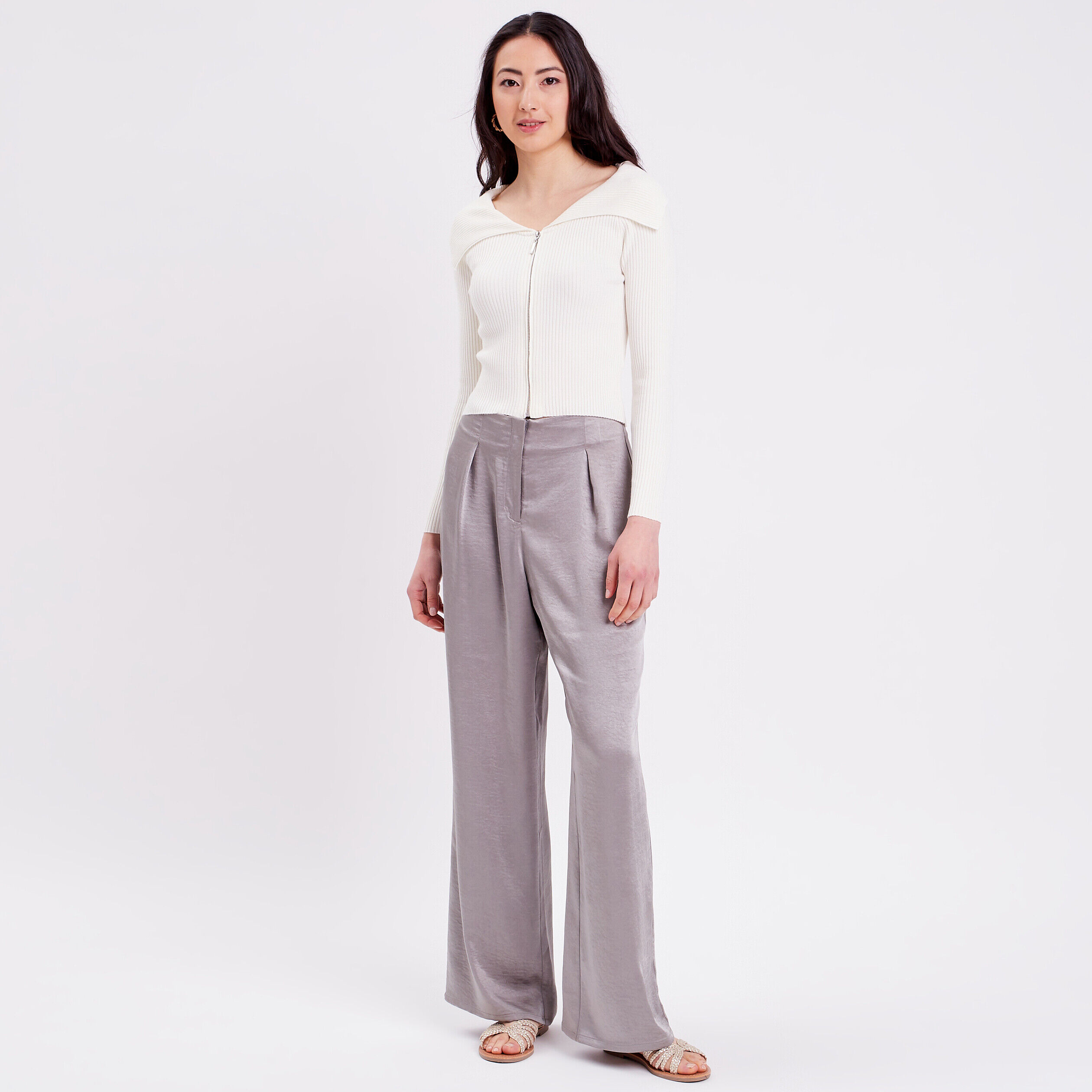 Pantalon large fluide satiné gris argent femme | Cache Cache