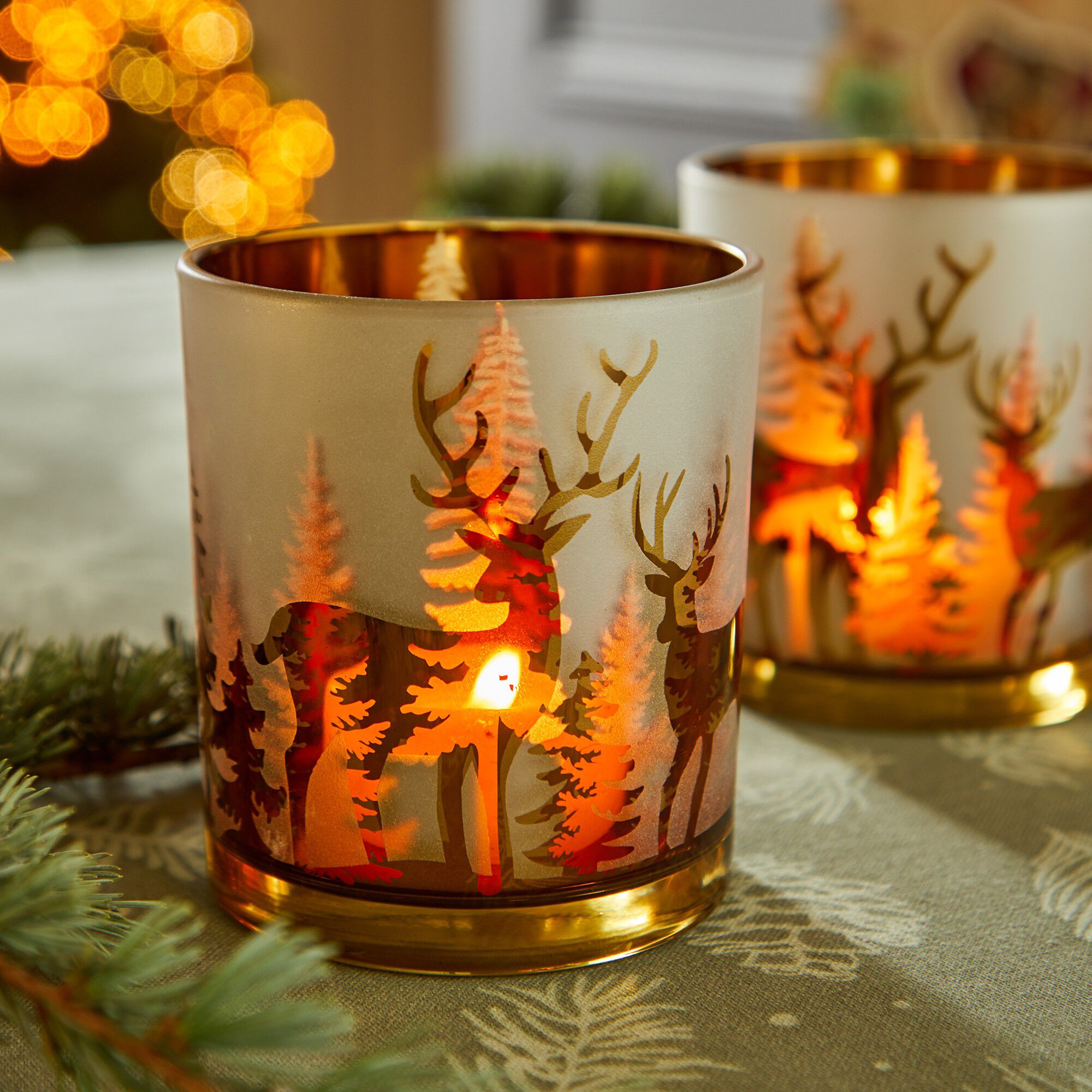 Photophore verre motif renne et sapin