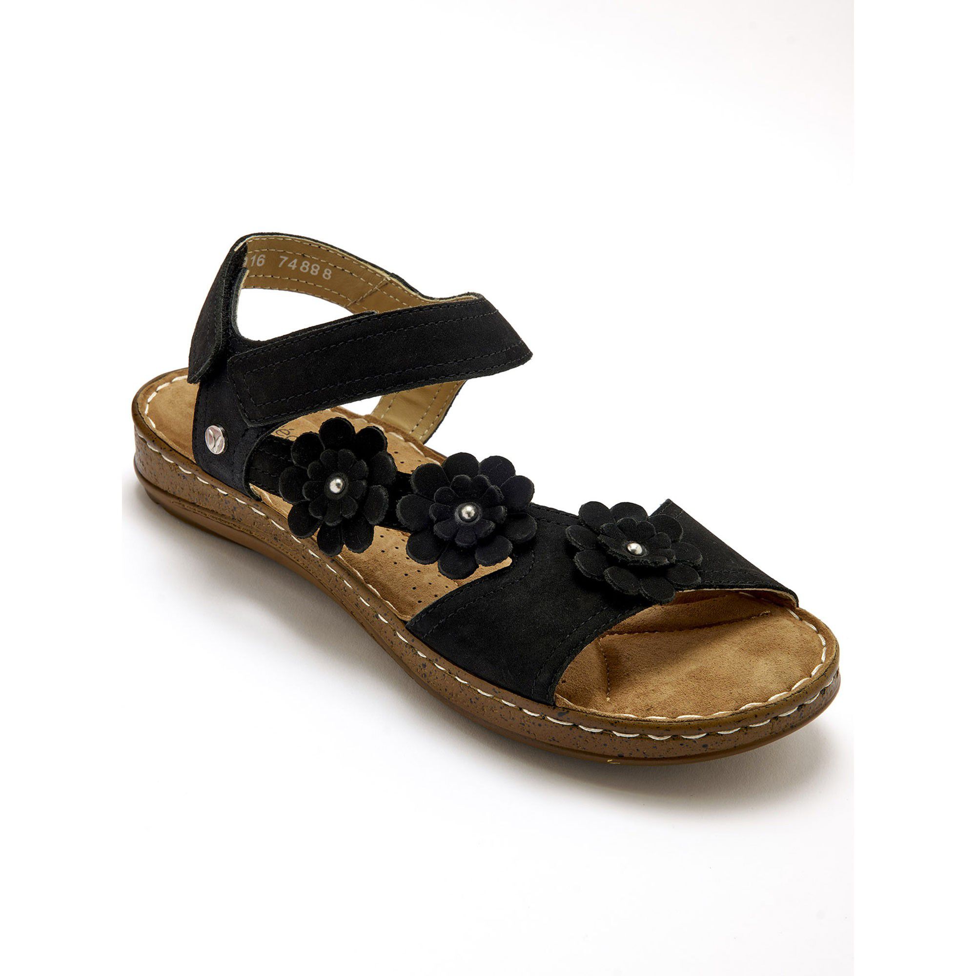 Sandales scratchées à fleurs, cuir velours