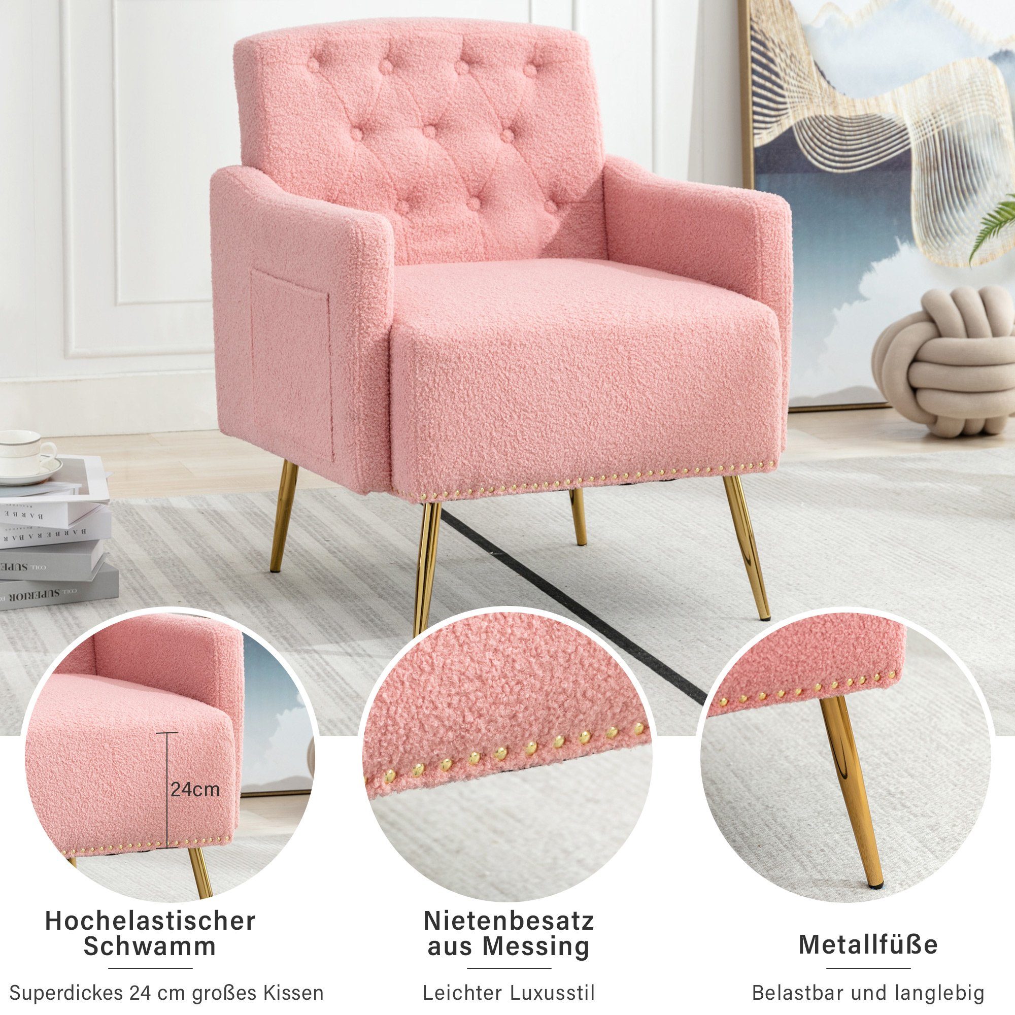 OKWISH Sessel Relaxsessel, Relaxstuhl, goldene Metallbeine, Teddy-Samt-Stuhl (Wohnzimmerstuhl, bequemer Sessel, geeignet zum Lesen oder Entspannen, Wohnzimmerstuhl, bequemer Sessel), mit Reißverschluss-Design
