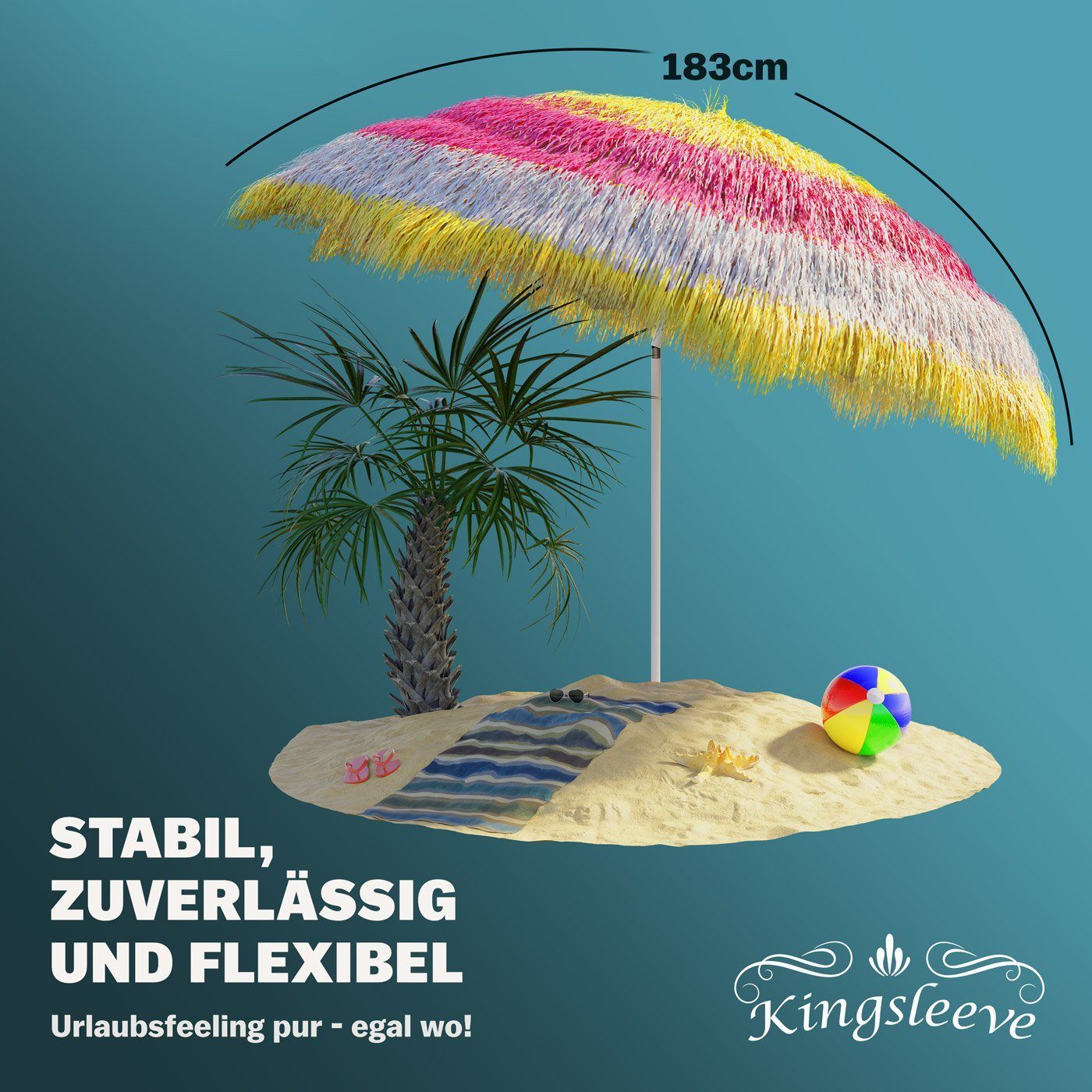 Kingsleeve Sonnenschirm, 160 cm Neigbar Höhenverstellbar Erdspieß Robust Standsicher leichter Transport Hawaiischirm Strandschirm Strandsonnenschirm