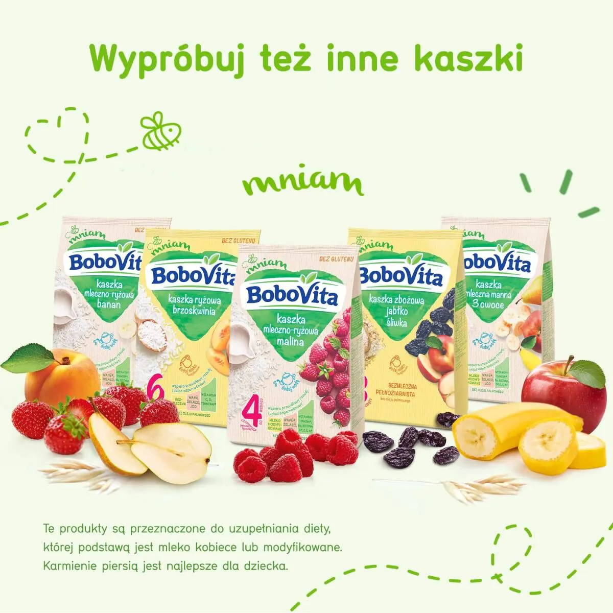 Bobovita košės pieno dribsniai (3 porcijos), aviečių, braškių ir bananų skonio