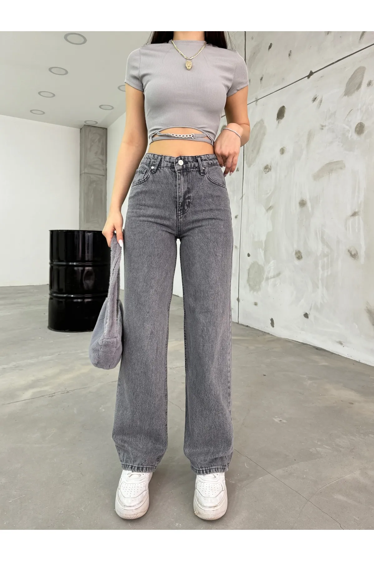 BİKELİFE  Graue Damenjeans mit hohem Bund und dehnbarem Lycra und weitem Bein