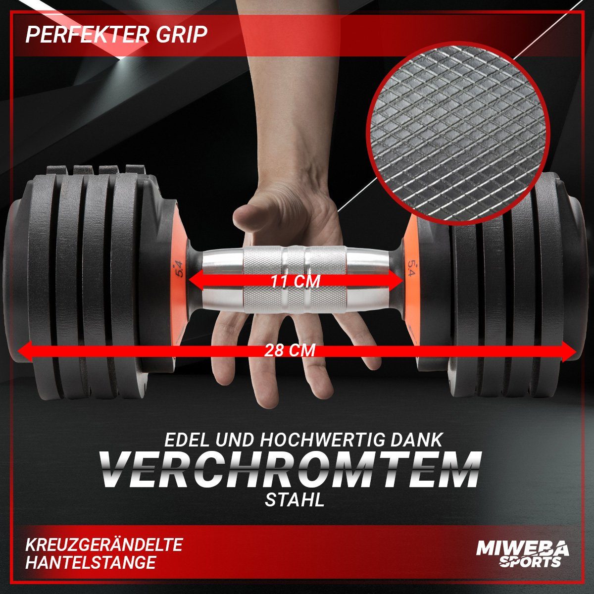 Miweba Sports Hantel-Set verstellbares Fitness Kurzhantel Set VH300 inkl. Gestell, (cleveres Verschlusssystem, Stahl, Kreuzgerändelte Hantelstange, rutschfest, Workout, Muskelaufbau, Sport, 1,4-6,8 kg, 5 Gewichtsstufen, 16 Gewichtsscheiben á 0,7 kg,