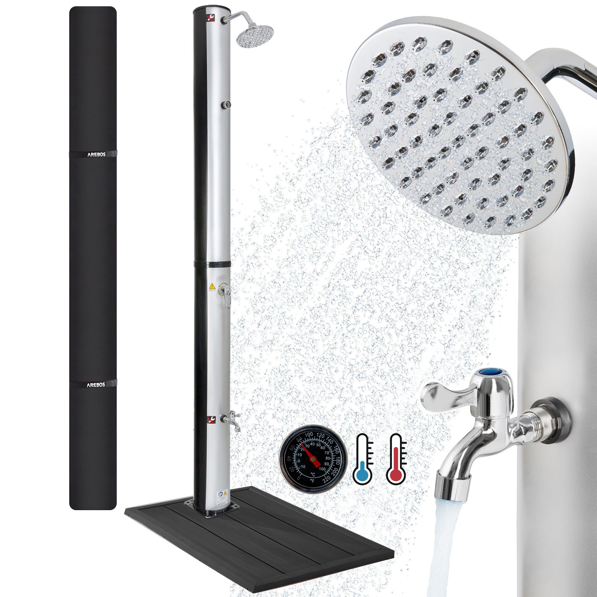 Arebos Solardusche 37L & Bodenelement, inklusive Abdeckhaube